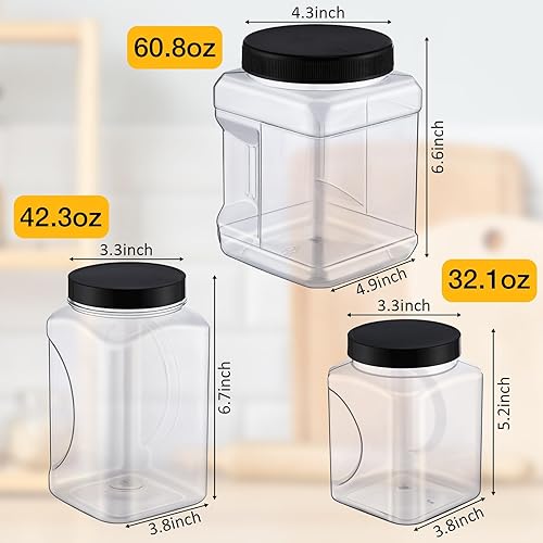 Miniatura 2 de Suclain 6 tarros de plástico transparente con tapas de 32 onzas, 42 onzas, 60 onzas, recipientes de plástico cuadrados con asas fáciles de agarrar,