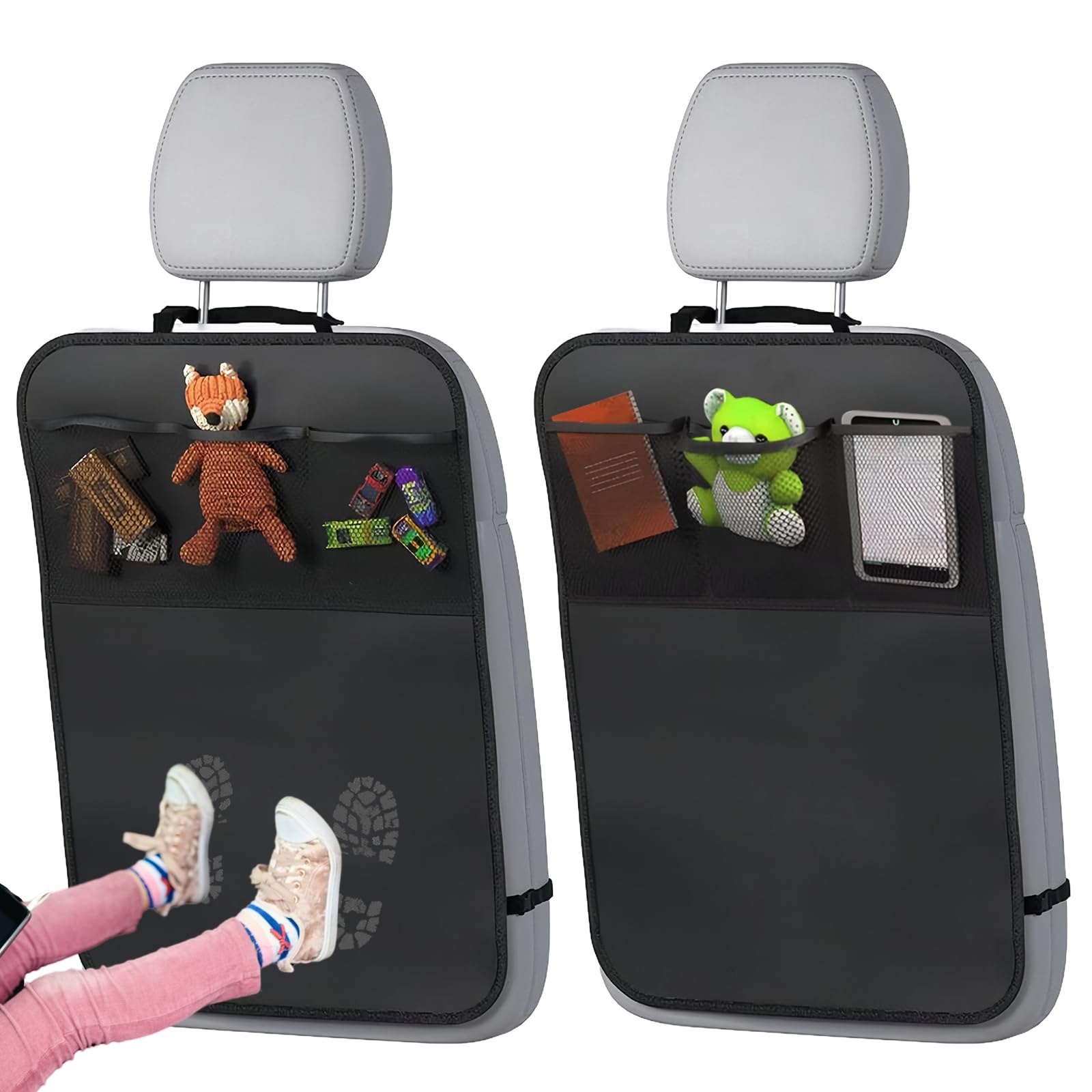 Vagcars Black 2Pcs Car Seat Kick Mats,Car Back Seat Protector For Kids,Waterproof & Stain Resistant Seats Protectors With Storage Pockets,Adjustable Car Backseat Organizer,Universal For Most Vehicles,60X45cm