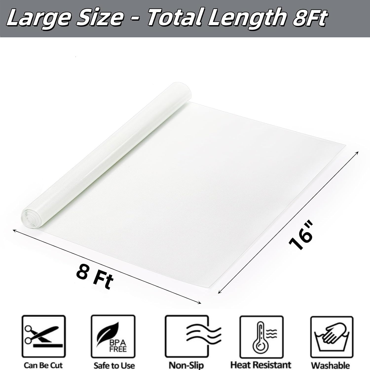 16 In x 8 FT Silicone Baking Mat Roll, Non-Stick Pastry Mat, Cut to Any Size, Heat Resistant Food Grade Silicone Dough Rolling Mat, Reusable Air Fryer Liner for Pie Crust, Pizza Cookies thumbnail