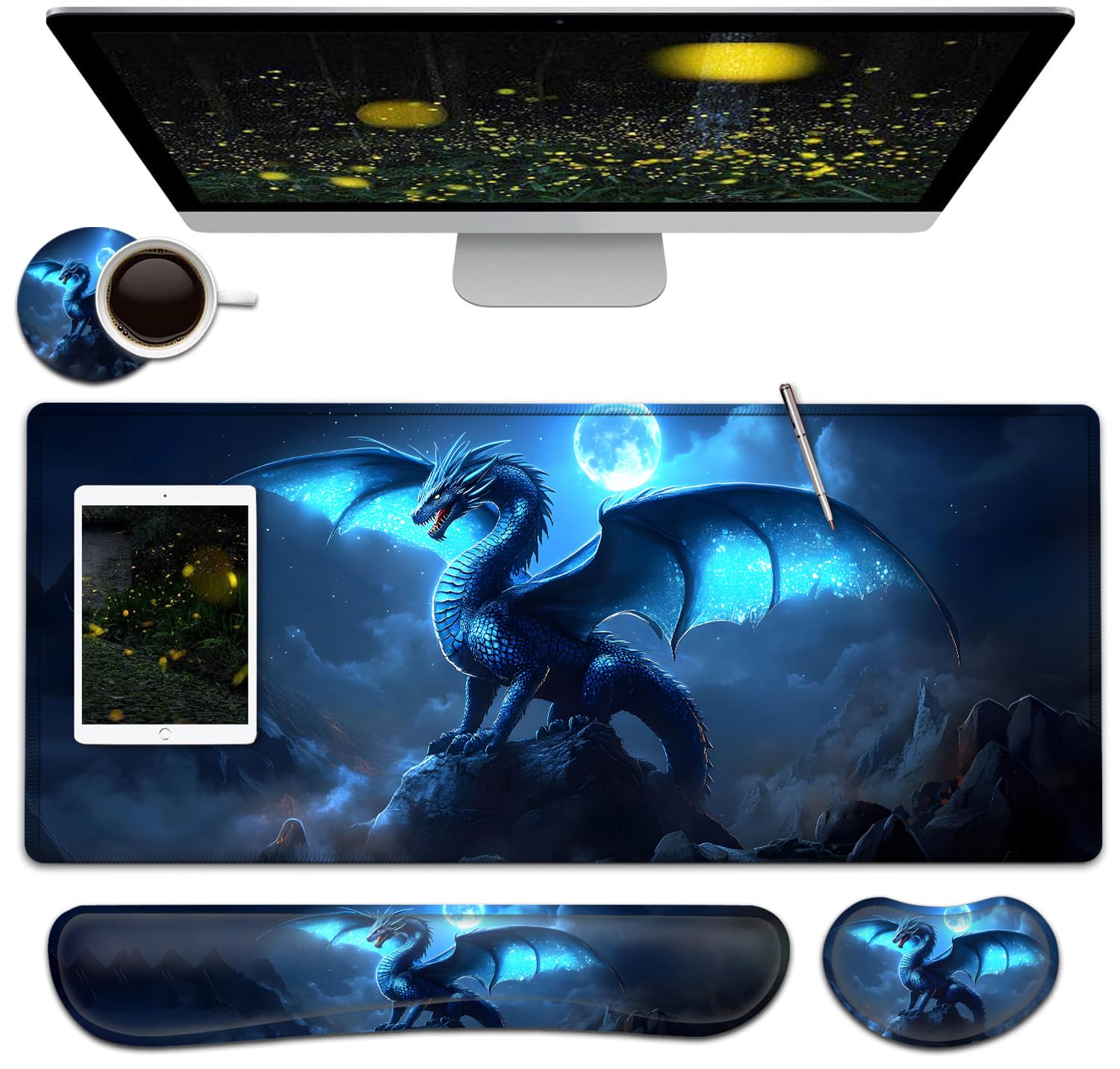 Großes Mauspad + Tastatur-Handgelenkauflage-Set, erweitertes Gaming-Mauspad (80 x 29 cm) mit rutschfestem Gummi, ergonomische Handgelenkauflage aus Memory-Schaum, blaue fliegende Drache
