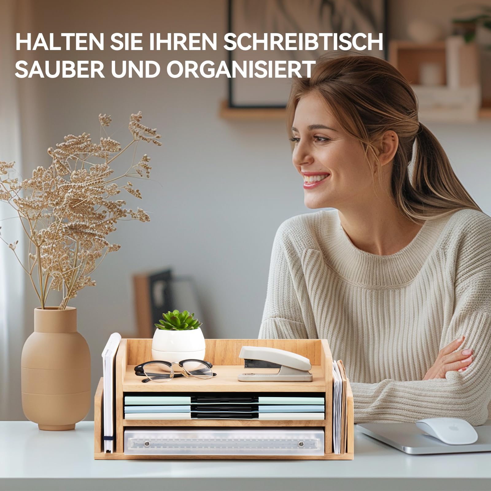 KIRIGEN Schreibtisch-Organizer, Dokumentenablage, Briefablage, Natur | 3 Ebenen, 5 Fächer; 42 × 24 × 16,5 cm; montiert; handgefertigt; Paulownia-Massivholz; Zapfenbauweise; Pflanzenöl-Finish