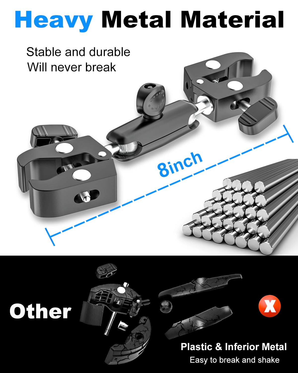 Supporto a doppio morsetto con interfaccia a vite da 1/4" [completamente in metallo] morsetto per ombrello regolabile a 360° per supporto luce studio fotografico, asta, barre trasversali