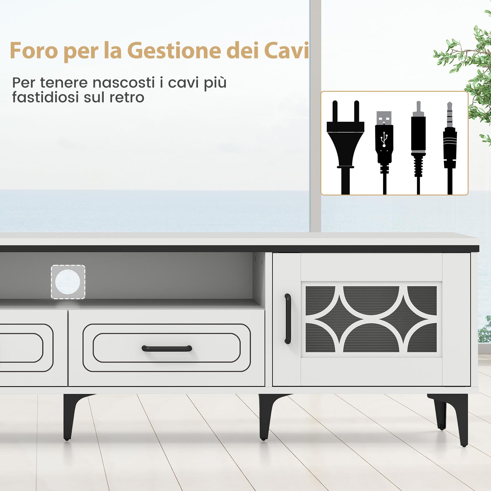 COSTWAY Mobile TV in Legno per Televisori Fino a 80", Mobile Porta TV 180 cm con 2 Cassetti, 2 Armadi e Scomparto, 7 Gambe Metalliche Rialzate, Consolle Media per Soggiorno (Bianco)