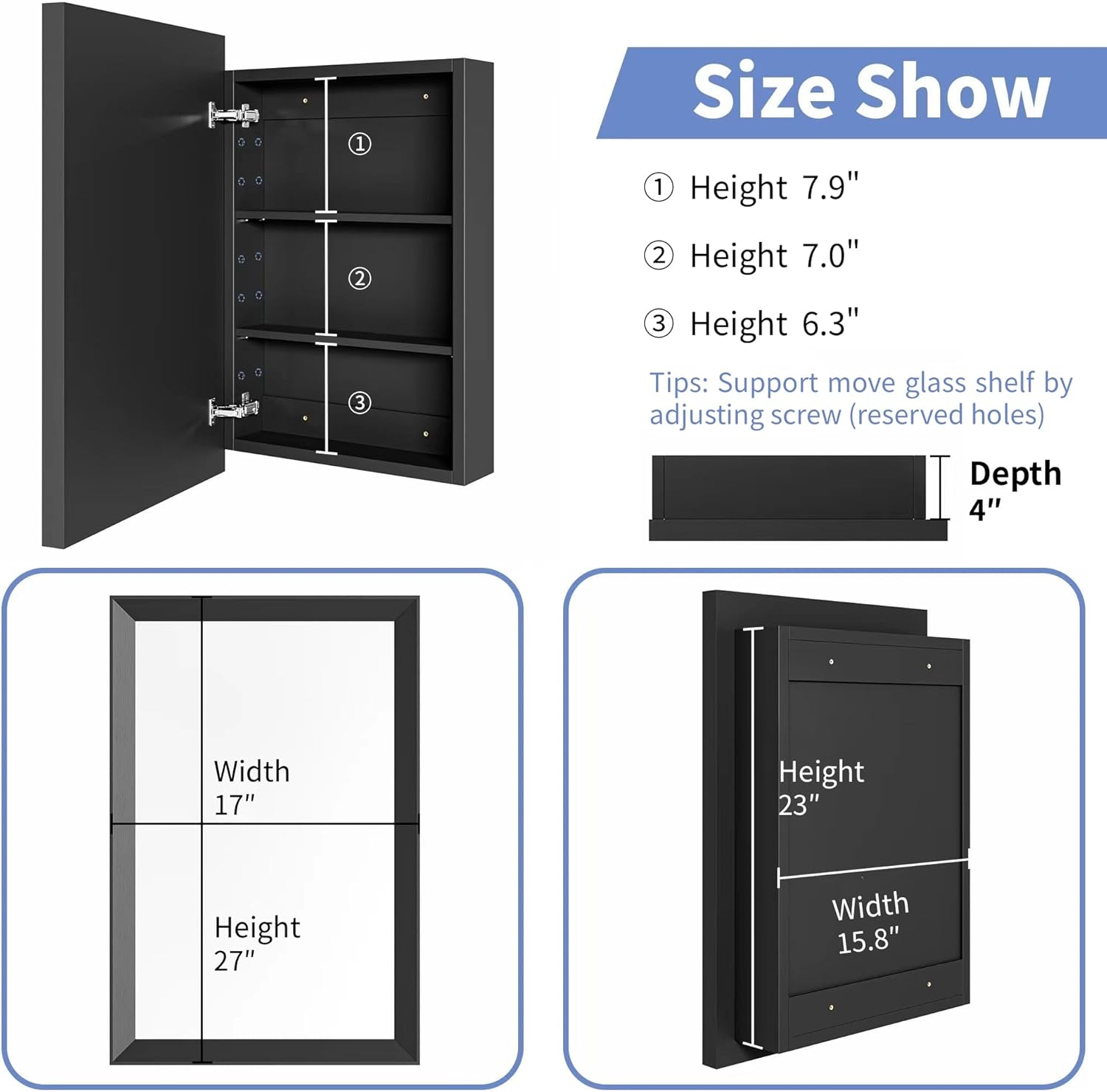 Retro-Style Medicine Cabinet with 17’’x27’’ Solid Wood Mirror Frame, Bathroom Recessed Wall Cabinet, Living Room Wood Storage Cabinet, Black