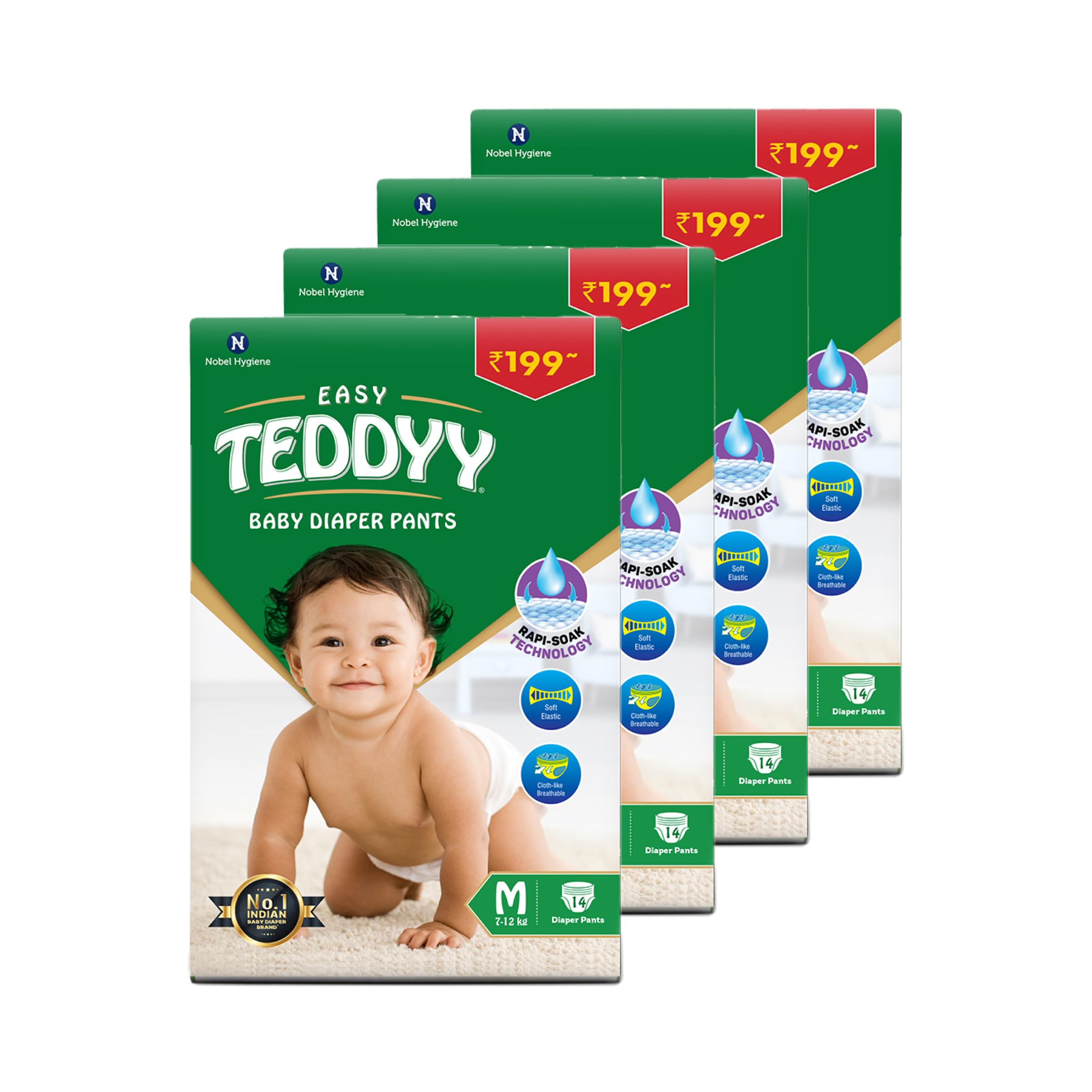 TeddyyTEDDYY Baby Diapers Pants Easy Medium 56 Count (Pack of 4)