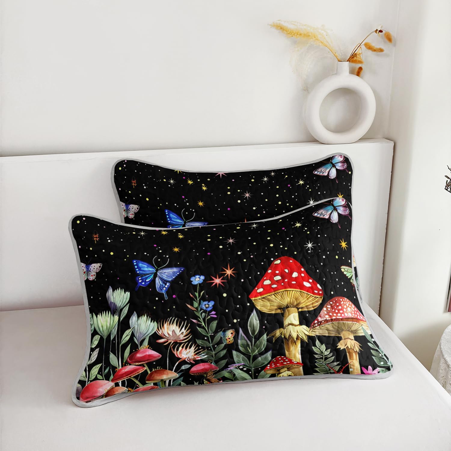 Nature Plant Quilt Sets for Kids Room Decor,Butterfly Flower Mushroom Star Rustic Garden Bedding Queen Size,Boho Style Soft Lightweight Quilt Set with 2 Pillowcases.
