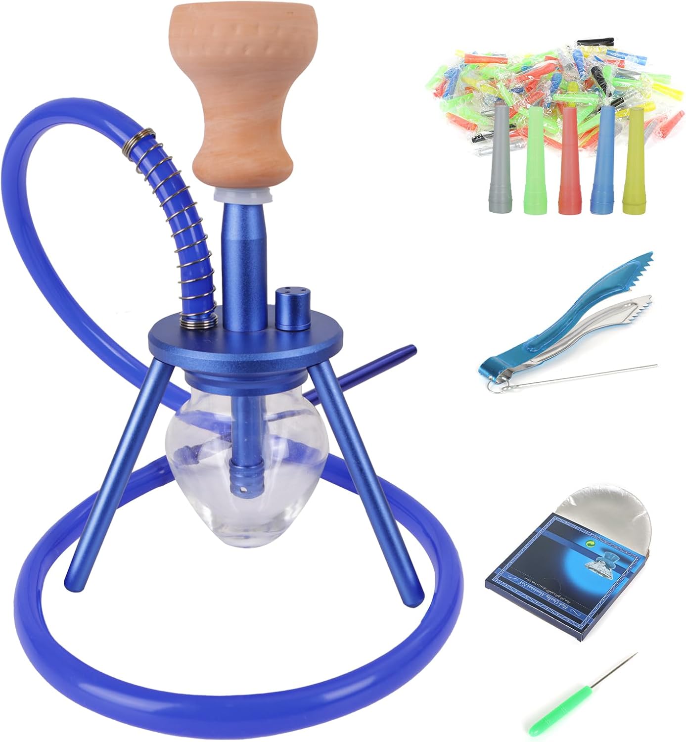 11'' Hookah Set, Small Glass Shisha Pipe Set With Stable Glass Vase Base, Ceramic Bowl, 1 Rubber Hose, Coal Tong, Foil Hole Puncher, 50 Hookah Foil, 100 Disposable Tips (Blue)