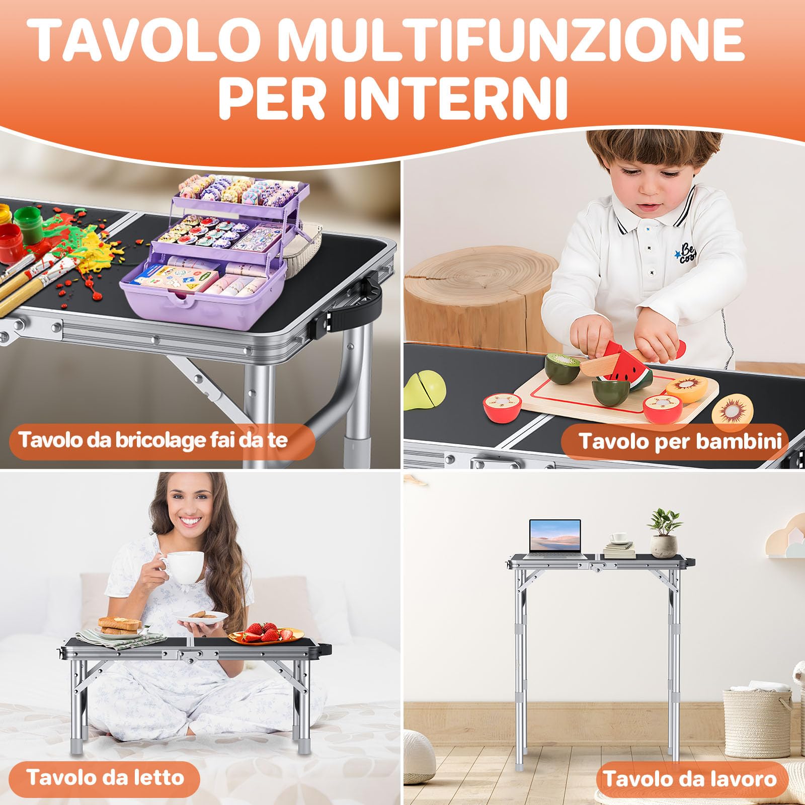 FUNYKICH Tavolo da Campeggio Pieghevole 58x40 cm Alluminio 3 Altezze Regolabili 26/48/70 cm Maniglia Trasporto MDF Argento
