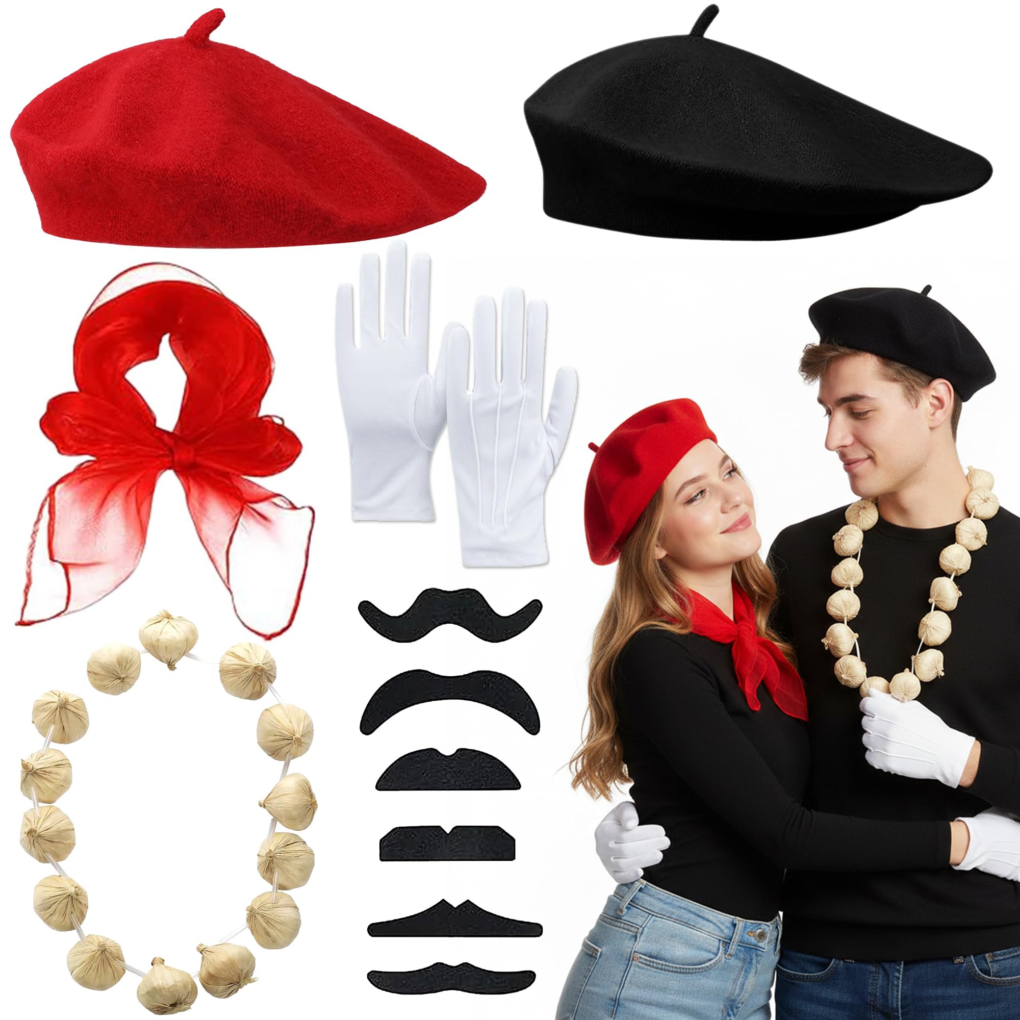 Fictoria French Couples Costume Set - French Fancy Dress Accessories with Berets White Gloves, Moustache Scarf and Garlic Necklace for Men Women Cosplay and Theme Party Supplies