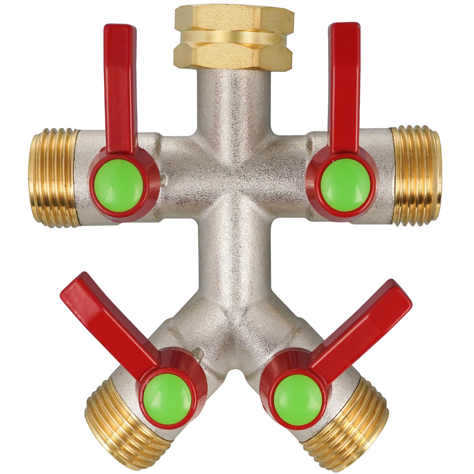Hose Splitter 4 Way, High Flow Garden Hose Splitter, 3/4” Ght Inlet Brass Heavy Duty Hose Converter, Full Flow water 4 Way Faucet hose splitter, Long Handle Hose Valve Large Outlet.