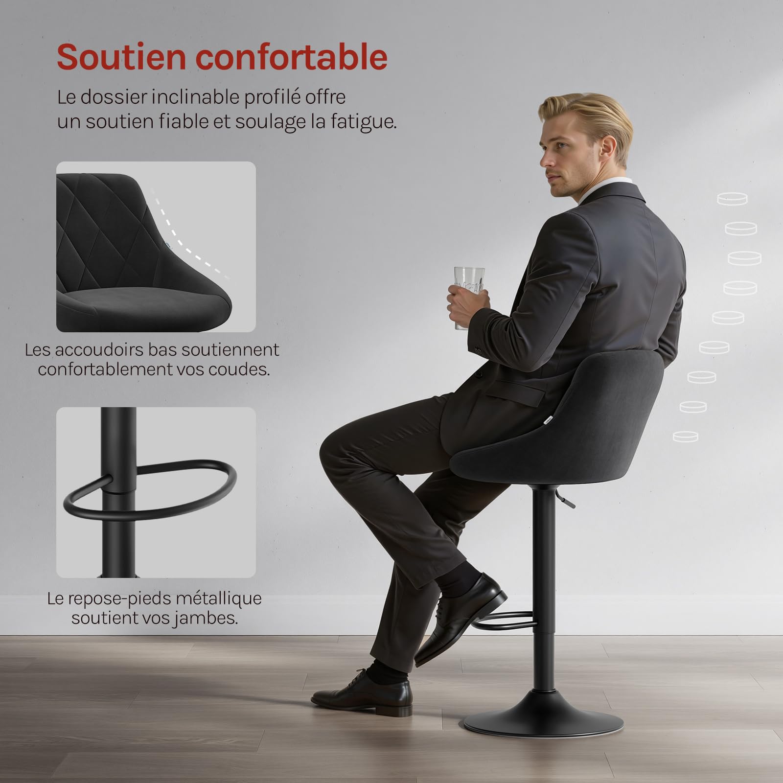 WOLTU Tabouret de Bar Lot de 2, Chaise de Bar Haute Cuisine, Réglable en Hauteur, Siège pivotant à 360° Confortable, avec Dossier et Repose-Pieds, pour Cuisine, Salle à Manger, en Velours, Noir