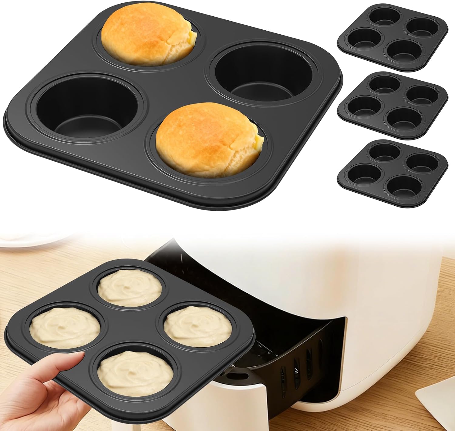 4 Pack Muffin Pan, Carbon Steel Round 4 Cups Muffin Pan for Baking, Cupcake Tin Bakeware Pans for Air Fryers and Small Ovens, Baking Pan for Cupcake Tart Mini Cheesecake