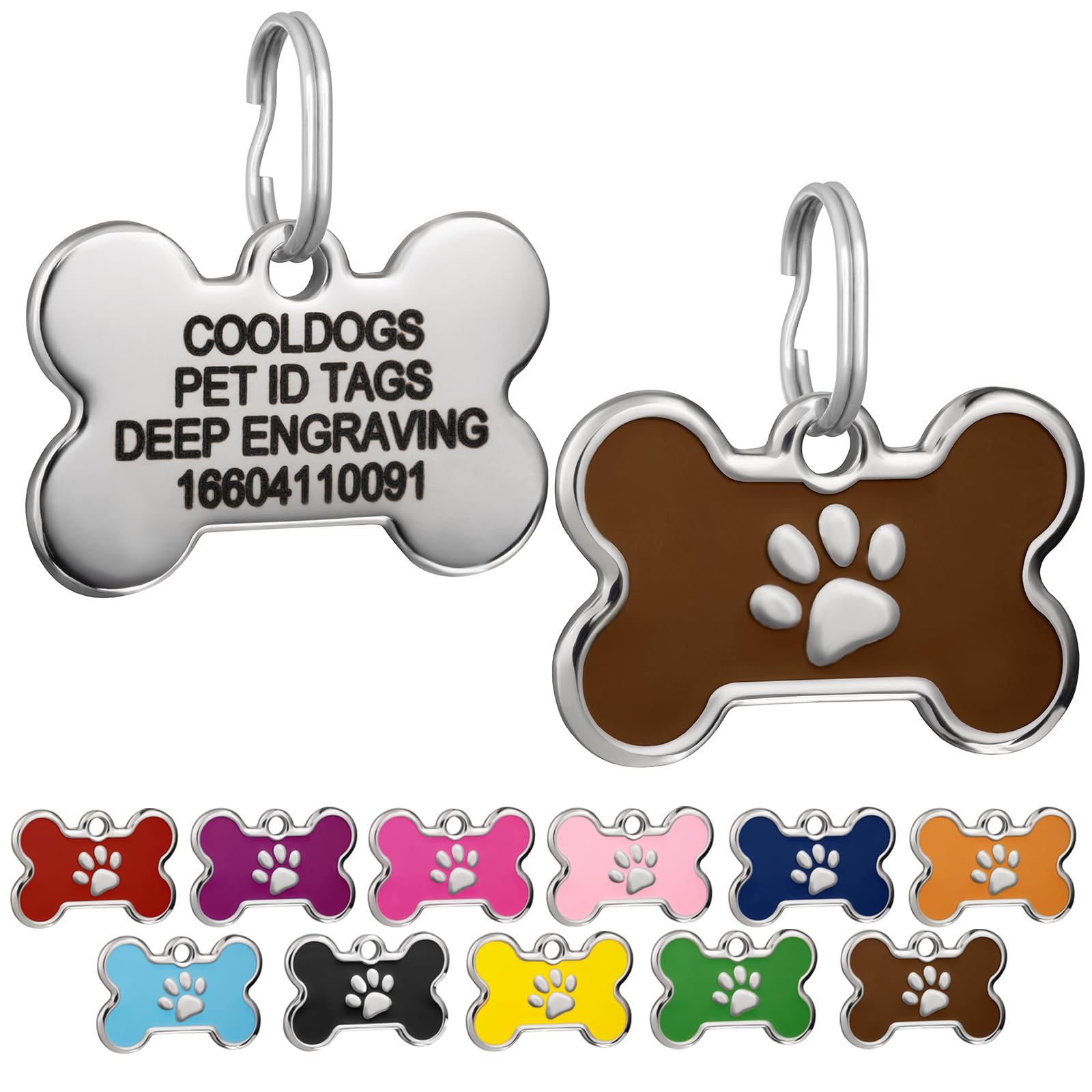 CoolDogs Stainless Steel Enamel Pet ID Tags for Dogs and Cats, Personalized Dog Tags, Cat Tags, Dog Name Tag, Cat Name Tag with Custom Engraved ID on The Back Side (Brown, Large)