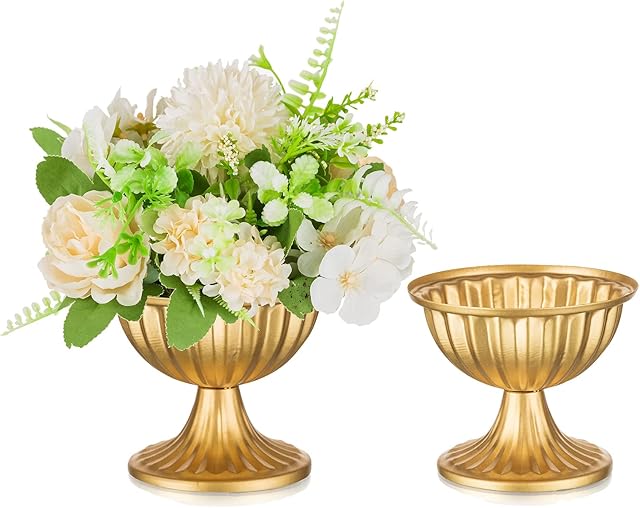 Sziqiqi Gold Metal Urn Vases for Flower - Wedding Table Decorations Centrepiece - 2 Pcs Mini Vintage Urns Flower Arrangements Vase Pot for Wedding Party Christmas Easter Centerpieces Decoration
