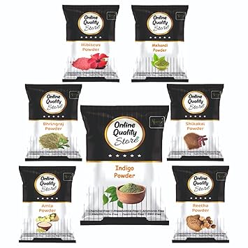 Online Quality Store Reetha (100g) + Amla (100g) + Shikakai (100g) + Bhringraj (100g) + Hibiscus (100g) + Mehandi (100g) + FREE Indigo (100g) Powder For Hairs, 700g