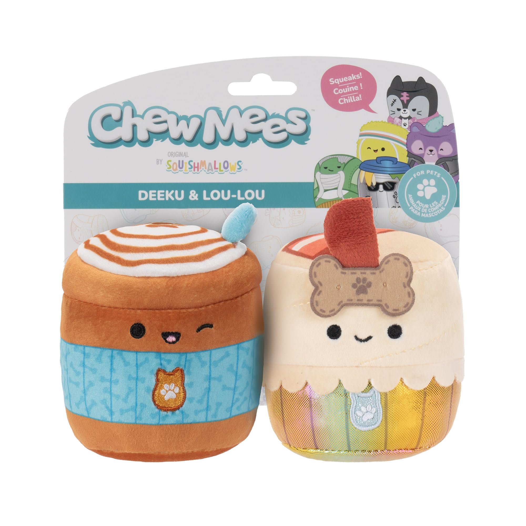 Squishmallows Chewmees 3.5-Inch Deeku Pup Latte + Lou-Lou Bacon Cupcake Chew Mees Pet toys by Original Pet Toy 2 pieces