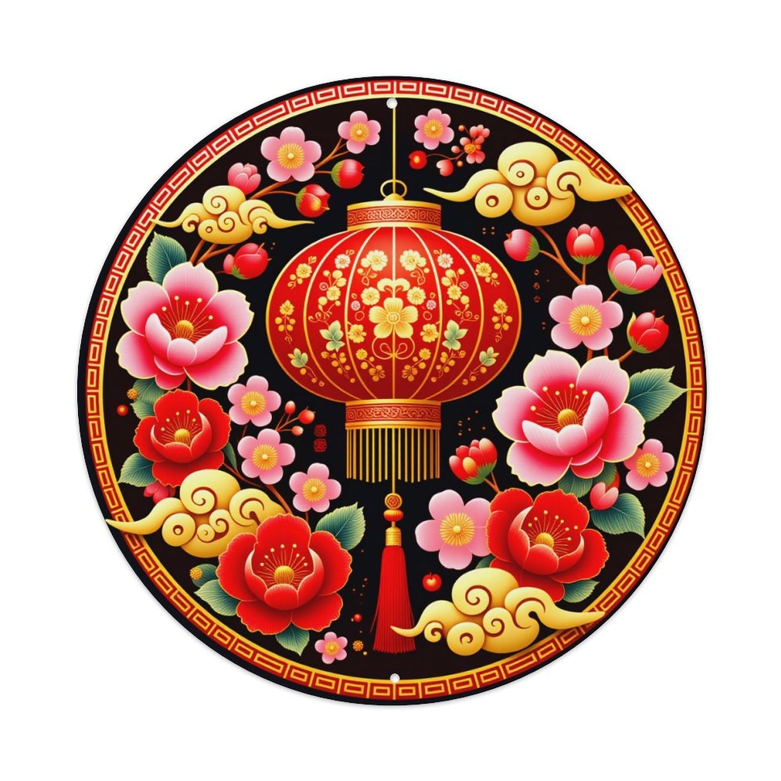 Wmlzdnwr Vintage Red Lantern Floral Clouds Cherry Blossoms Gold Pattern Round Tin Sign,Retro Wall Art,Metal Poster For Home, Bar, Garage, Cafe, Rustic Indoor & Outdoor Decor, 8X8 Inches