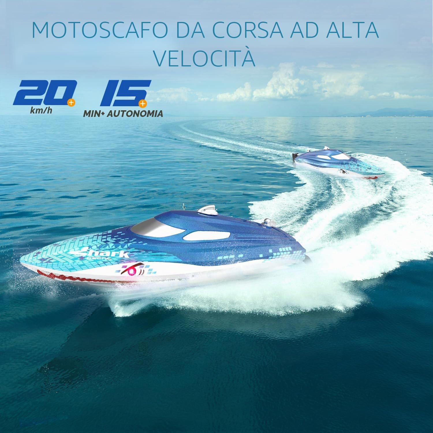 DEERC Barca RC con luce LED, barca a squalo telecomandata per piscine e laghi, barca radiocomandata da 20 km/h, barca da corsa da 2,4 GHz