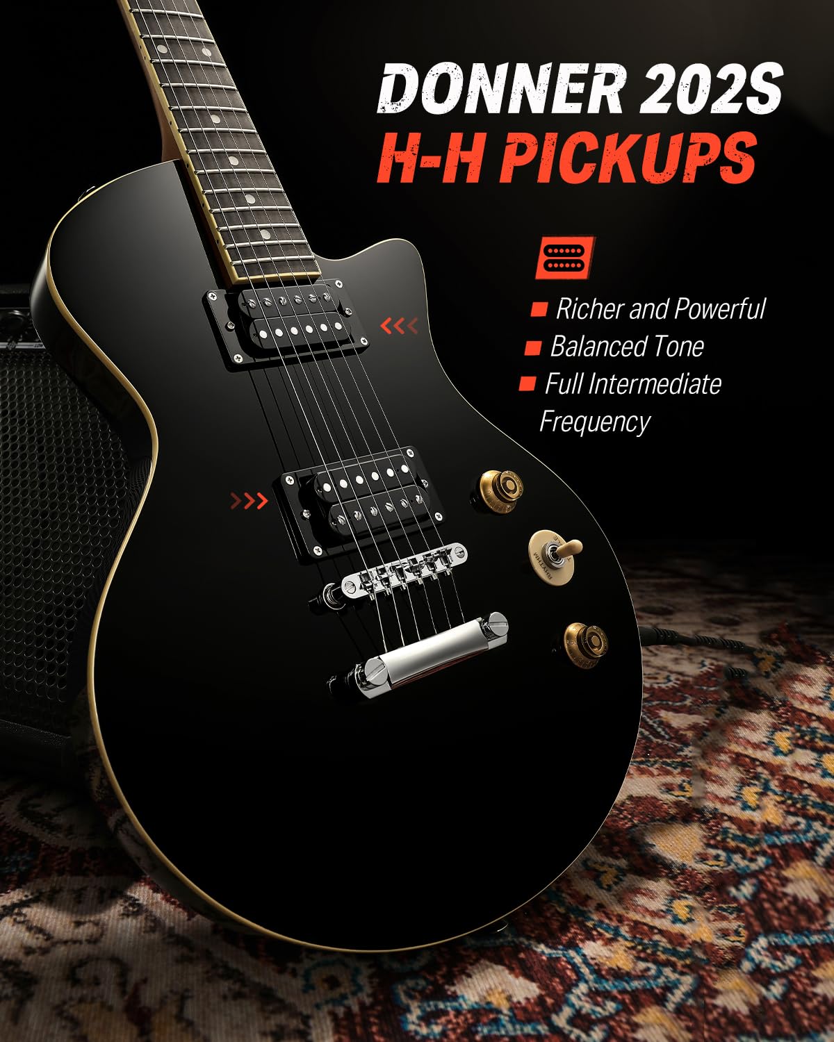 Donner DSC-128 E-Gitarren-Anfängerset 39" Schwarz – Volle Größe, massiver Erlenkorpus, H-H-Tonabnehmer, C-förmiger Hals, inkl. Gigbag, ideal für High-Gain Rock