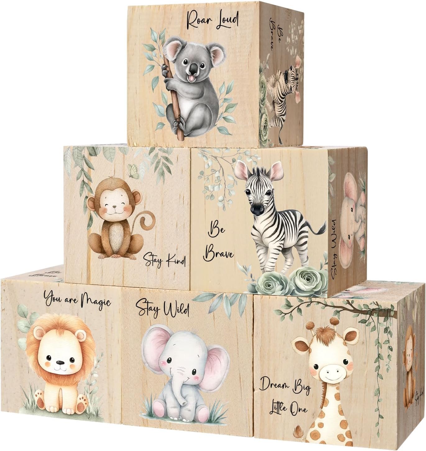 6 Pcs Baby Blocks, Woodland Animal Baby Shower Decorations, Extra-Size Wooden Nursery Decor for Girls and Boys, Nursery Watercolor Shelf Decor, Kids Bedroom Playroom Gifts 2.4x2.4 in