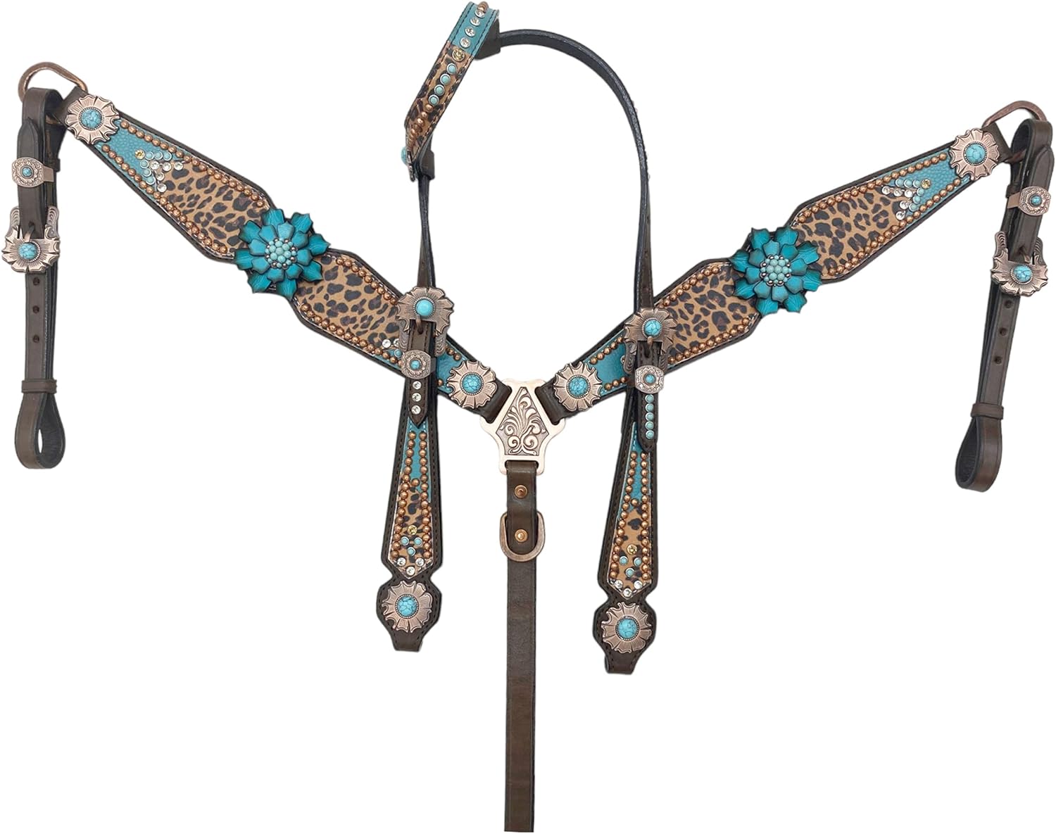 Western Headstall and Breast Collar Set for a Horse with Leopard Carving & White Rawhide Braiding – Genuine Argentina Cow Leather