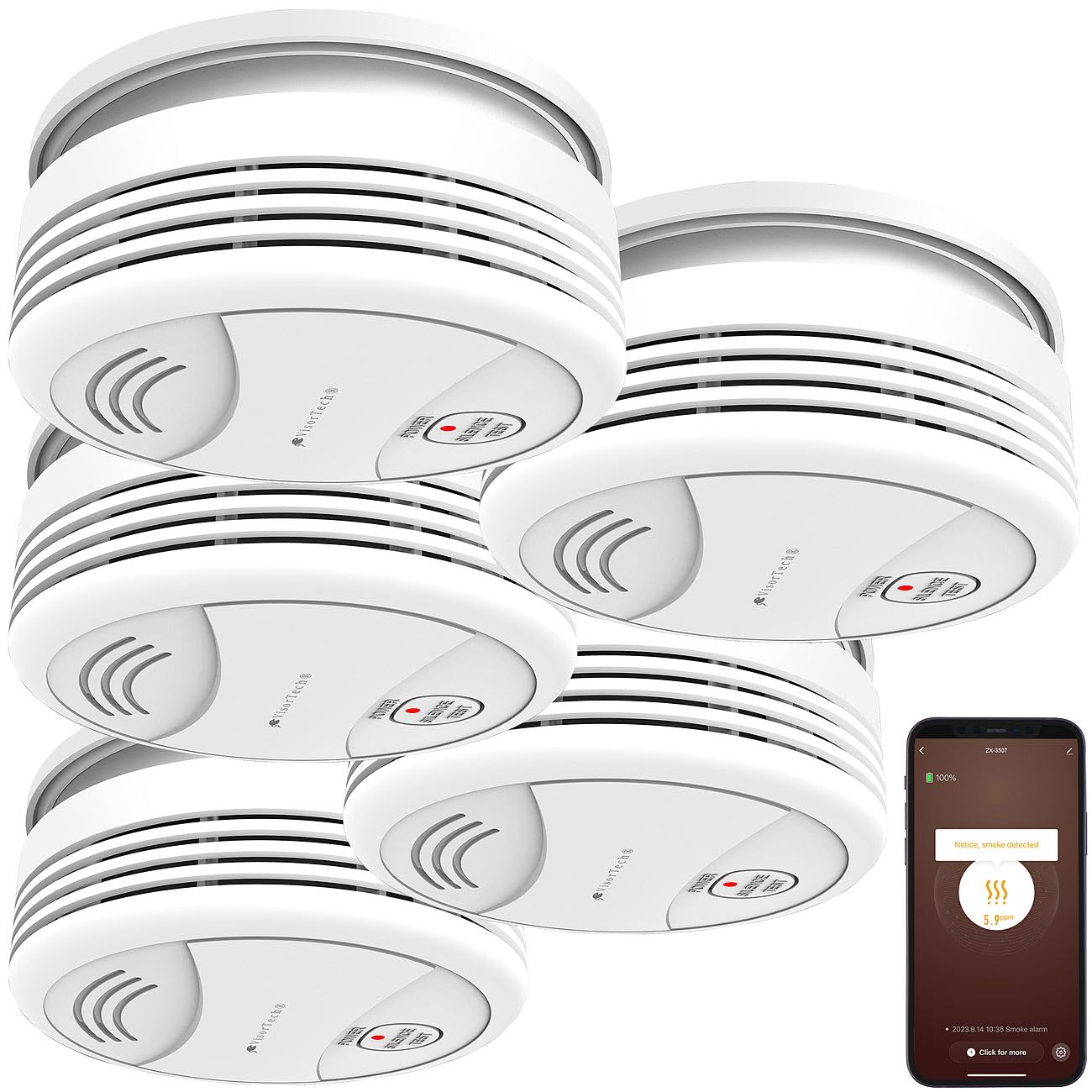 VisorTech WLAN Rauchmelder 5er-Set – Mit 10-Jahres-Batterie, 85 DB Alarm & App-Benachrichtigung | DIN EN 14604 Geprüft Für Maximalen Brandschutz