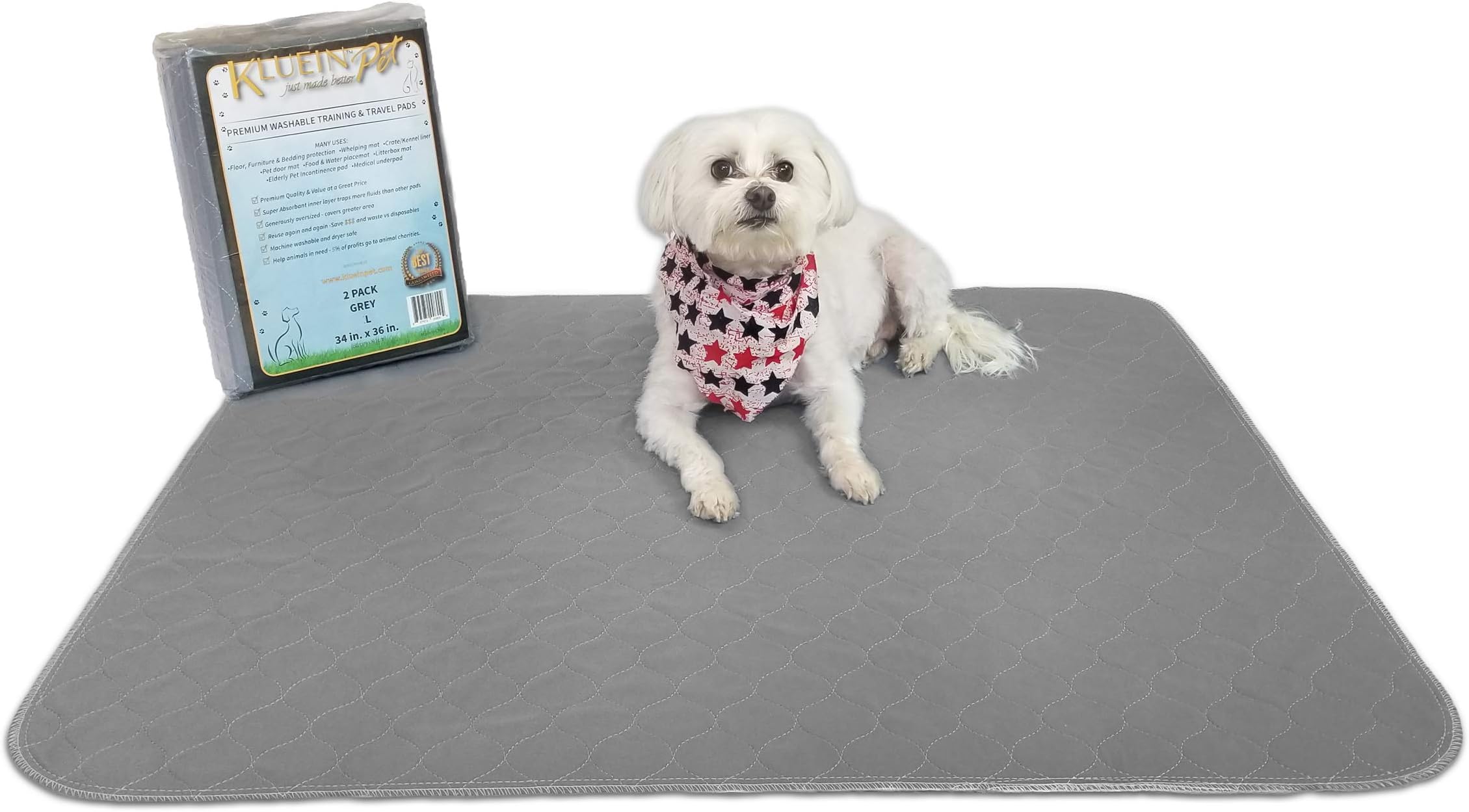 Kluein Pet Washable Pee Pads for Dogs, 2 Pack L 34x36 Grey, Reusable Puppy Pads, Fast Absorbing Wee Mat; for Playpen, Housebreaking, Indoor Potty Training, Whelping, Incontinence, Travel