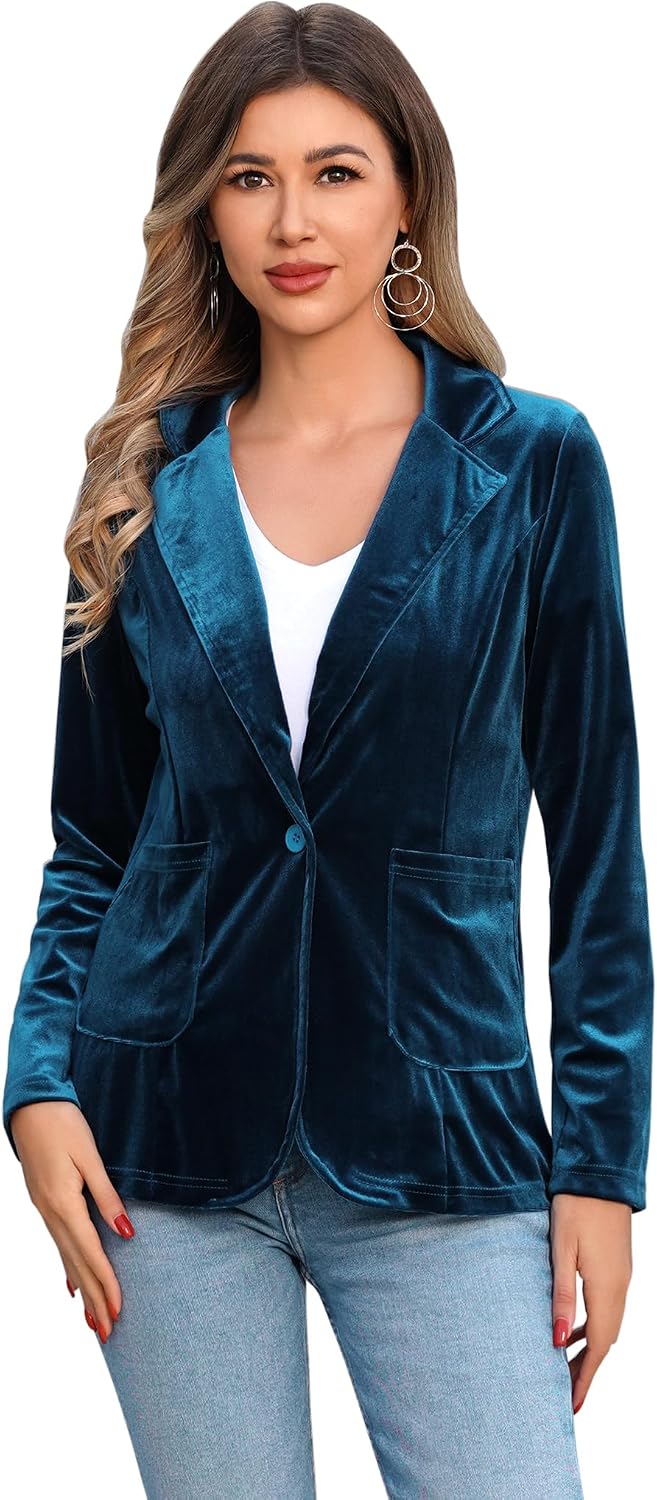 IDOPIP Women's Velvet Blazer Jacket Long Sleeve Lapel Open Front Cardigan Coat Casual Office Blazer Jacket Suits with Pockets