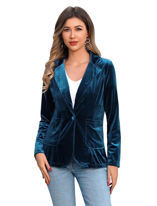 Womens Velvet Blazer Long Sleeve Open Front Button Jacket Outwear with Pockets