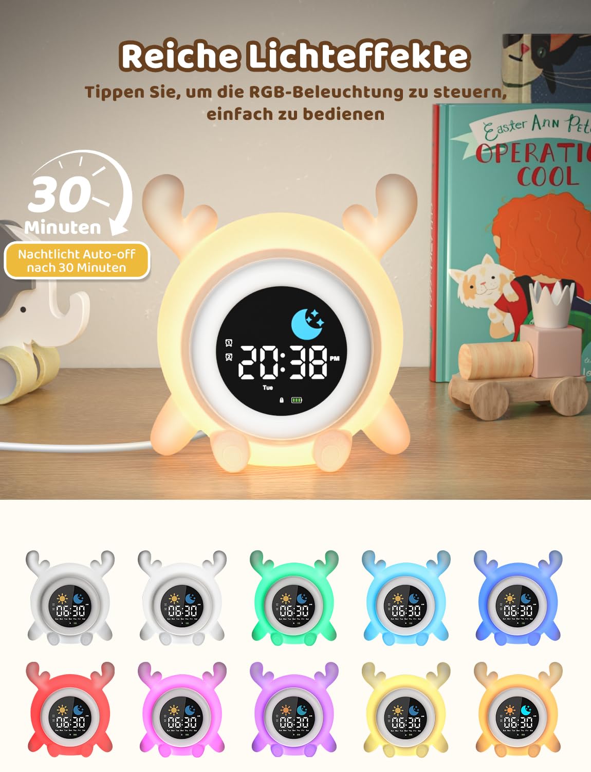 Yissvic kinderwecker Jungen, Schulanfänger Lernwecker Kinder 2 Alarme, Wochenendmodus Snooze 10 White Noise RGB Nachtlicht Wecker,Kinderzimmer Deko Rentiere