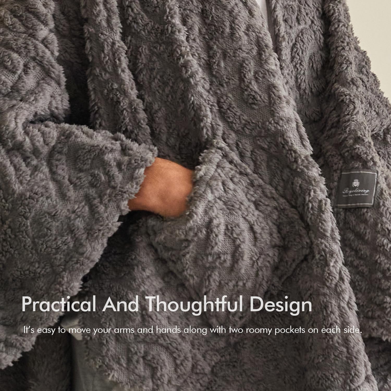 Royoliving Fuzzy Sherpa Wearable Fleece Blanket with Pockets for Adults, Ultra Soft Plush Shawl Throw Blankets (Grey, 58'' x 64'') - Image 4