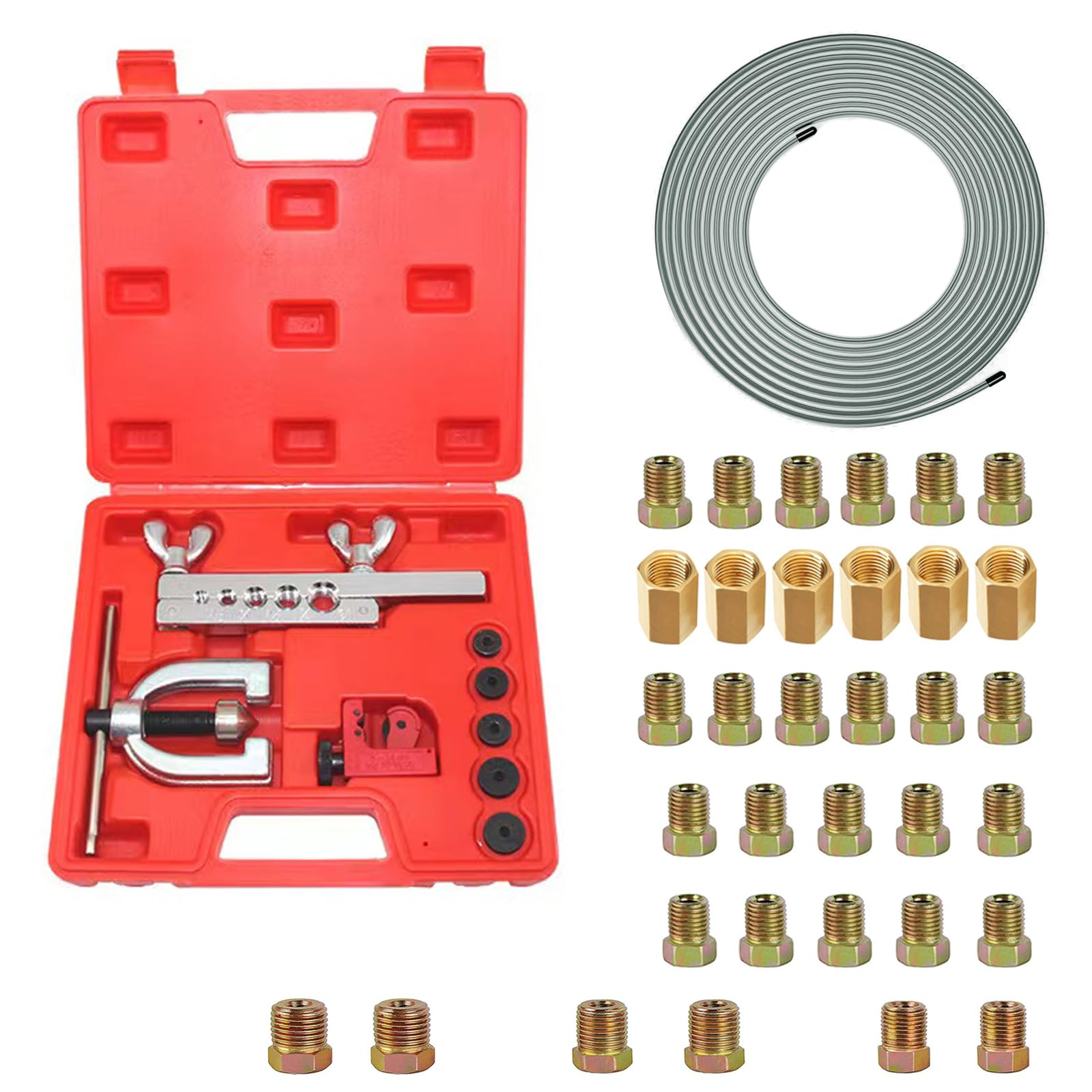 Bremsleitung Bördelgerät und 10 m Bremsleitung Ø 4,75mm (3/16") Set mit 28Pcs Verschraubungen & 6Pcs Verbinder für Bremsleitung Bördel DIN/SAE Kupfer Verkupfertes Stahl Sortiment