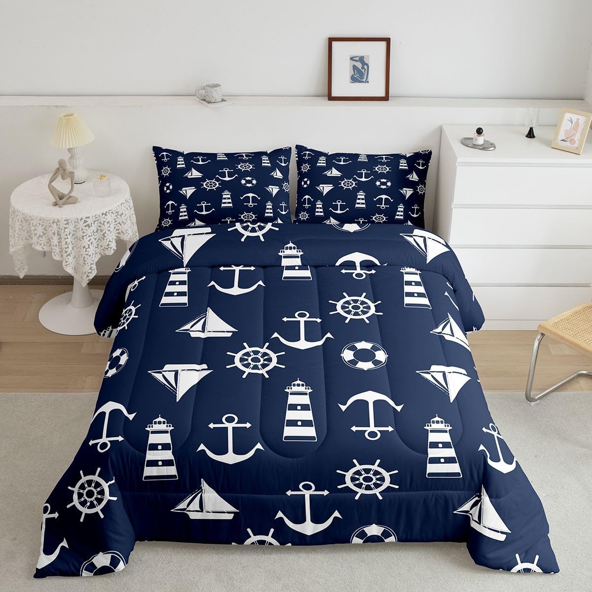 Feelyou Nautical Bedding Set,Kids Boys Girls King Size Sailboat and Anchor Print Comforter Set,Ultra Soft Ships Lighthouse Compass Comforter,Ocean Themed Duvet Quilt,Bedroom Decor Quilt