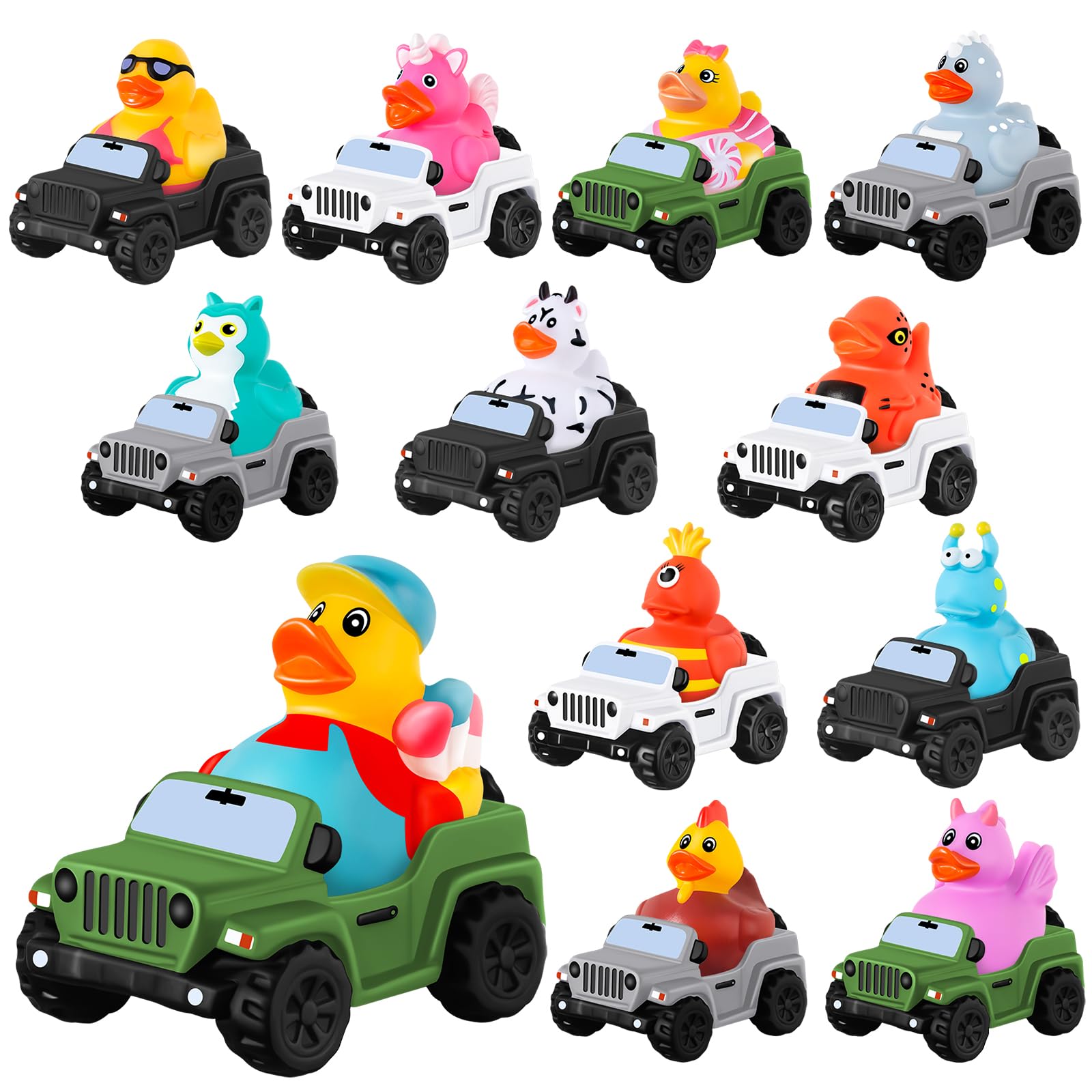 24 Pcs Rubber Ducks for Jeeps, 3.5 Inch Rubber Cars for Ducking Suitable for 2 Inch Ducks, 12 Ducks Assortment with 12 Cars, Baby Bath Toy Valentines