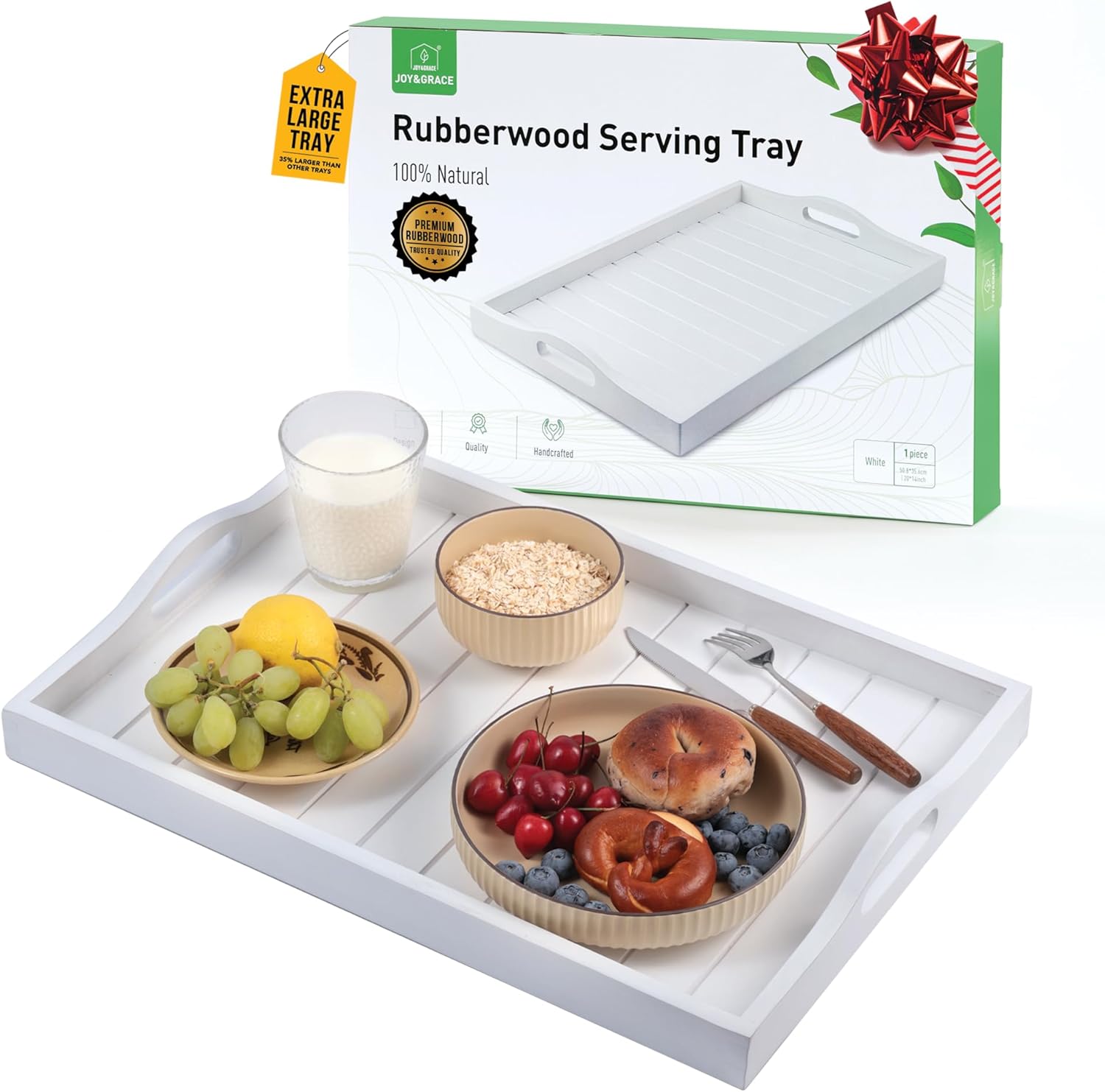 20 Inch Ottoman Tray for Living Room, Large Wooden Serving Tray with Handles, Coffee Table Tray Rustic Decorative Tray for Breakfast in Bed, Dinner Food Kitchen TV 20"x14" (White, 20" x 14") 20" x 14" White