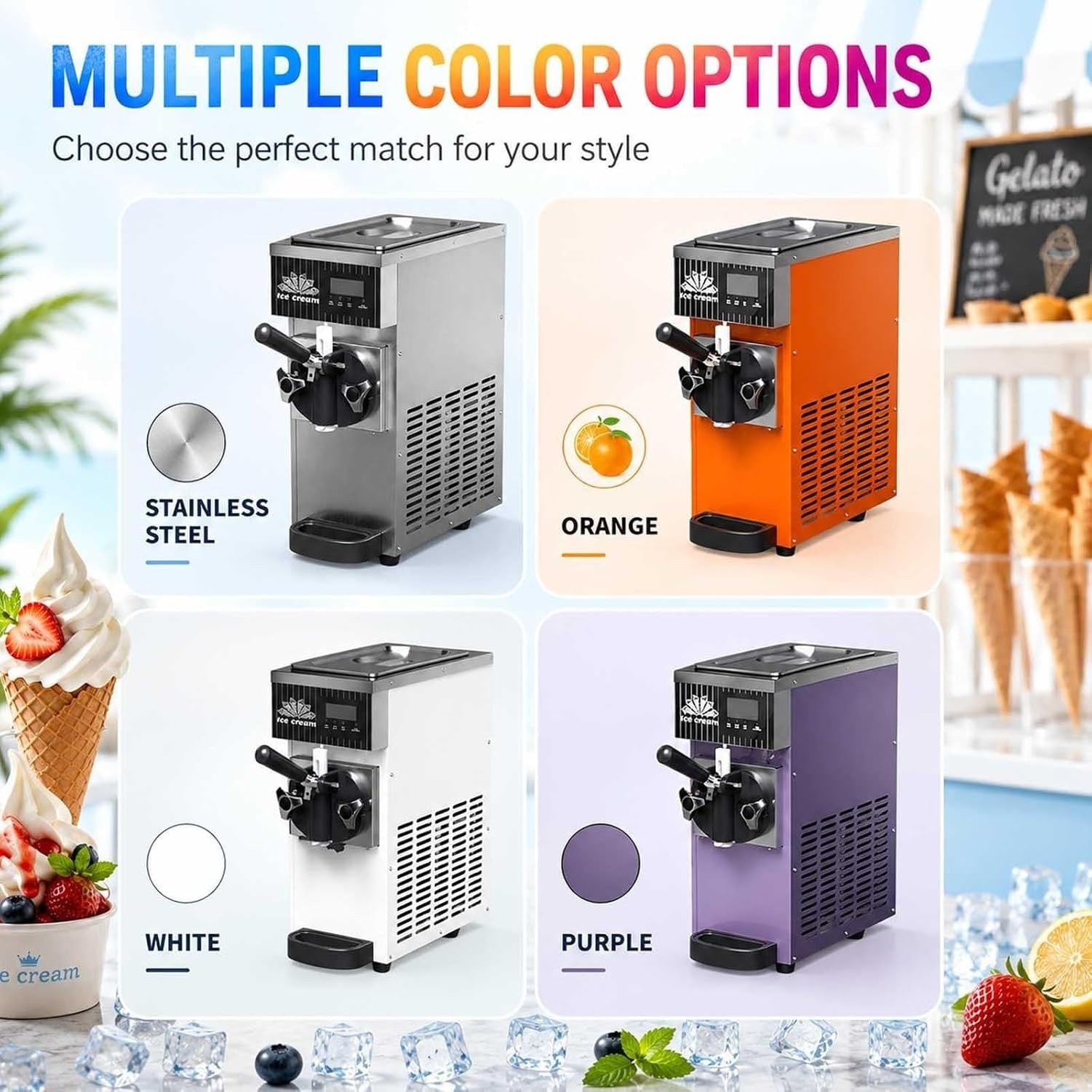 Lodówka do lodów soft serve 450W, maszyna do lodów 4-5 l/h z panelem LCD, samooczyszczanie, automat do lodów ze stali nierdzewnej, do restauracji, kawiarni, skl, Orange