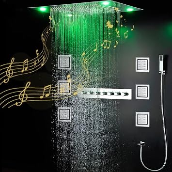 Cascada LED Modern Shower System | Multi-Functions Shower head with Handheld Shower | Ceiling Mount | 23"x31" | 6 Functions | 7-Knob Thermostatic Valve Music, Antique Brass