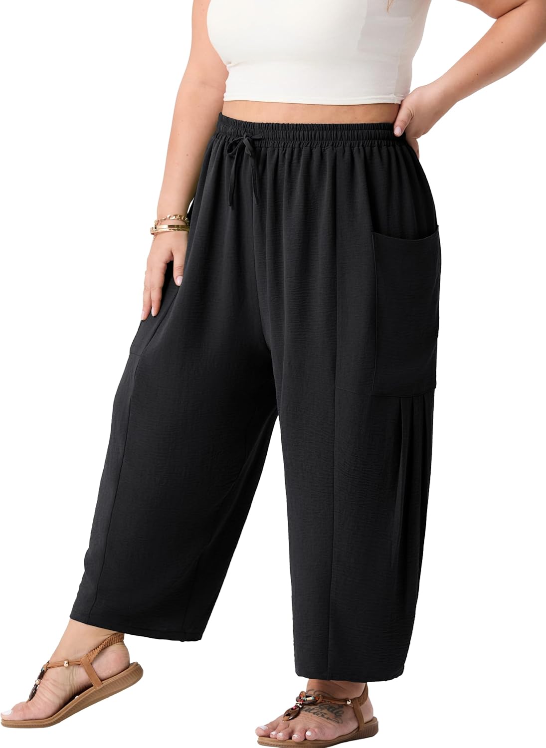 OLRIK Women's Plus Size Pants – Lightweight Cropped Wide Leg Boho Pants with Drawstring & Pockets for Casual Summer Beach - Image 5
