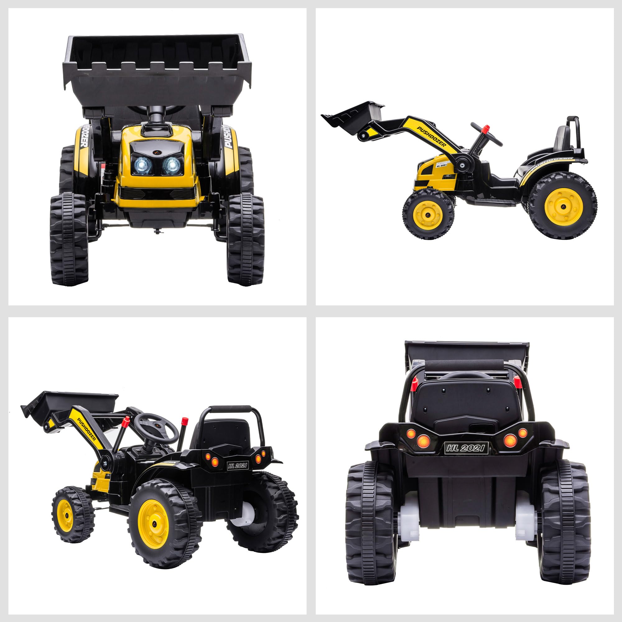 HOMCOM Kinder Elektrobagger Sitzbagger für Kinder Aufsitzbagger Geländewagen Traktor elektrisch zum Fahren mit Musik Schaufel Armen 3–5 Jahre PP-Kunststoff Stahl Gelb 132 x 62 x 65 cm