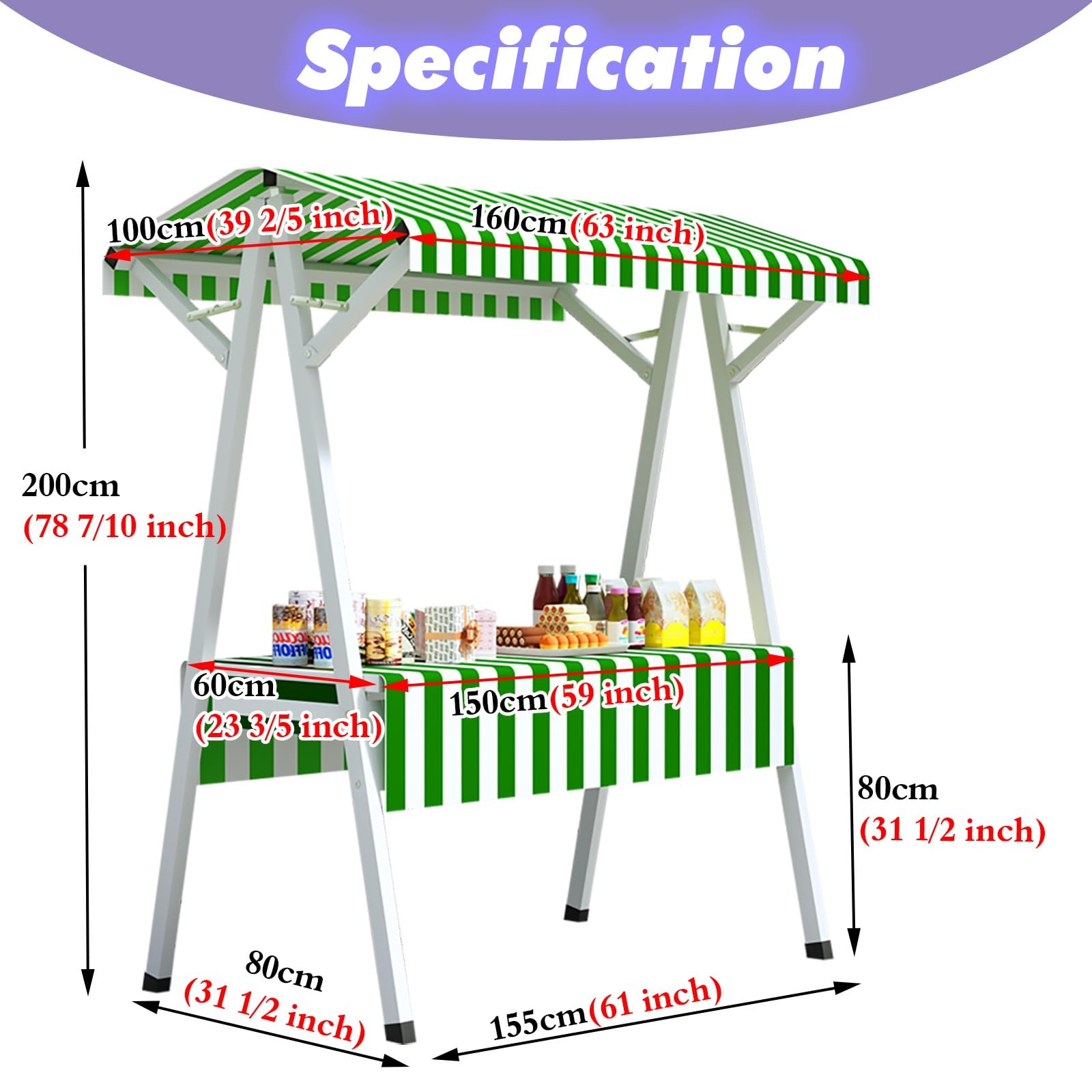 Retail Display Stand Red Green for Vendor Booth, Portable Carbon Steel Folding Shop Concession Stall Shelf with Awning & Tablecloth for Selling Food/ Market Vending(Red,L 63 inch)