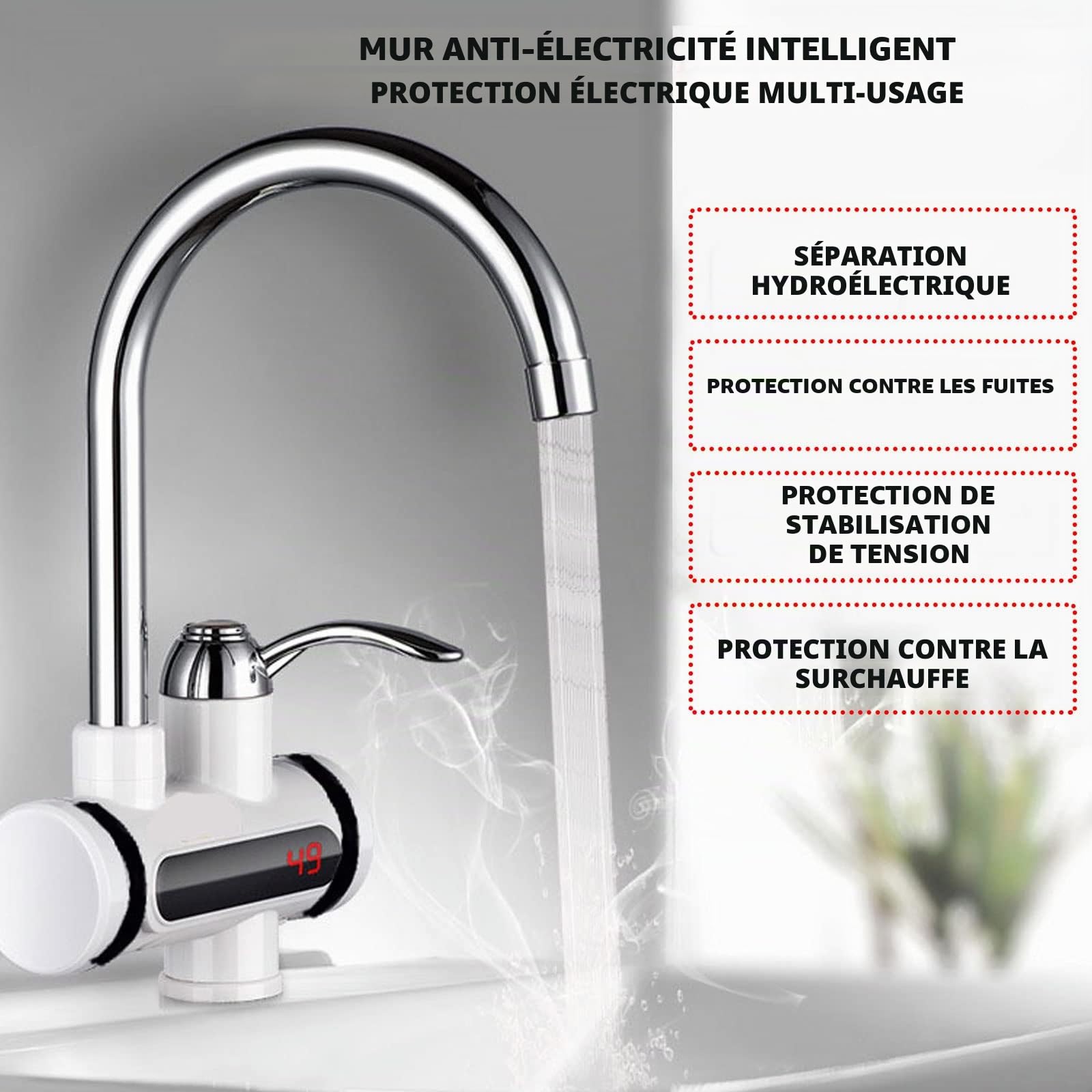 Robinet éLectrique Chaud Instantané 220v 3000w Chauffe-Eau de Cuisine LED Robinet éLectrique en Acier Inoxydable ChaudièRe à Eau Chaude Rotative à 360 ° Robinet de Cuisine