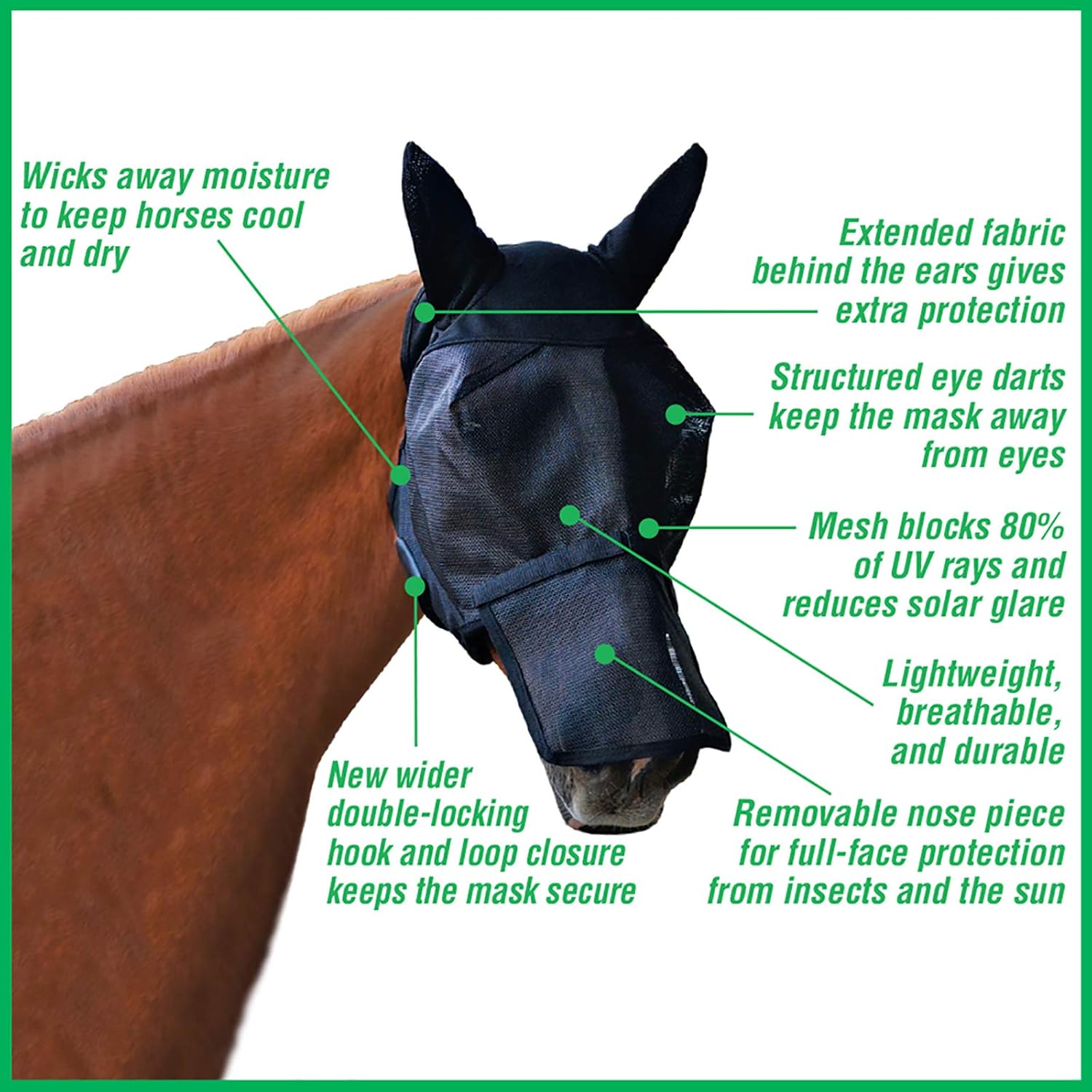 Absorbine UltraShield Equine Fly Mask, UV Protection, Horse Size with Ears & Removable Nose