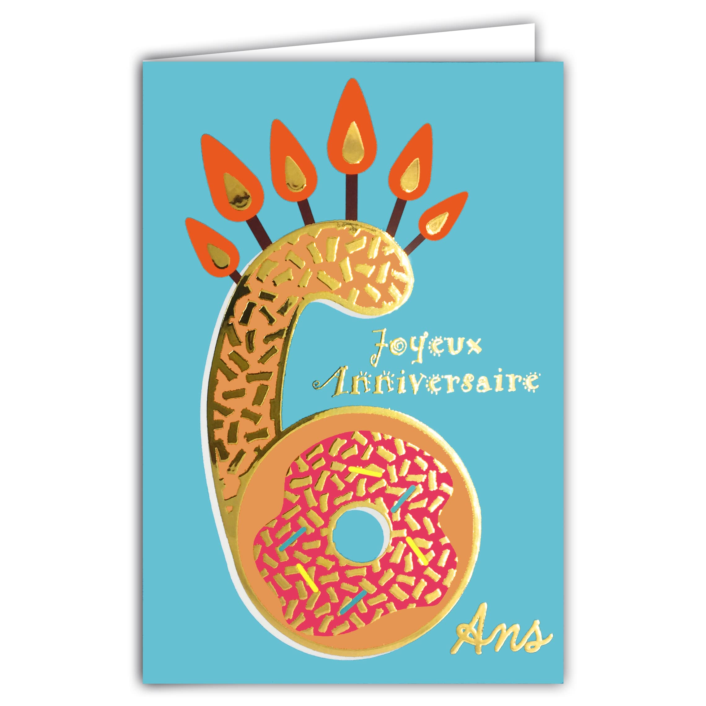 AFIE ColorAges 69-2406 Age 6 Birthday Card in Shiny Gold Textured Embossed for Children, Boys, Girls, Coloured Age Suitable for Inside Use - Envelope Included - Made in France - ColorAges