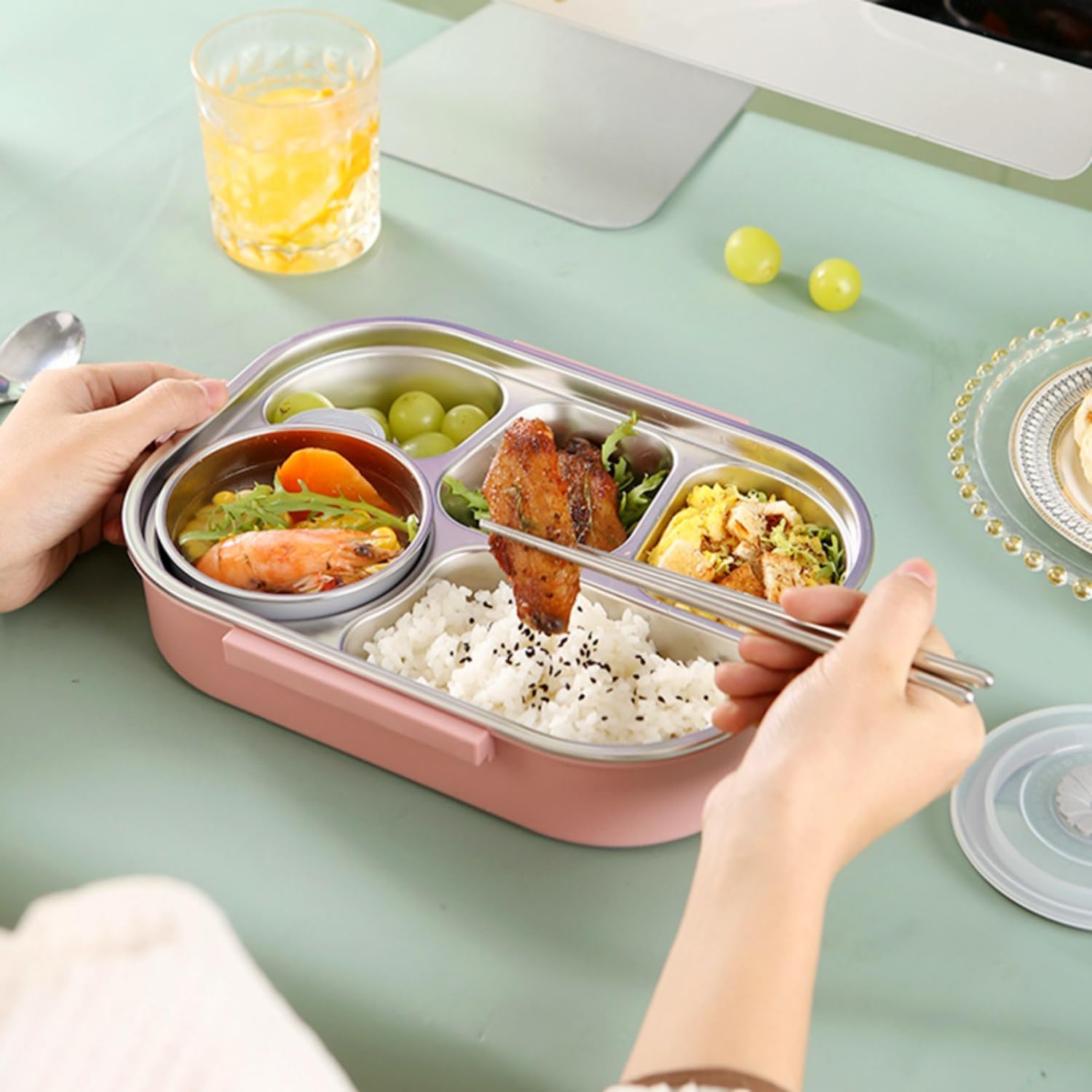 Insulated Lunch Boxes with a separate soup bowl,Stainless Steel Bento Box with Lid,4‑Grid Portable Box with Spoons,Chopsticks and Lunch Bag,Leakproof Lunchbox Set for Work Travel Camping (Pink, 1.5L) - Image 8