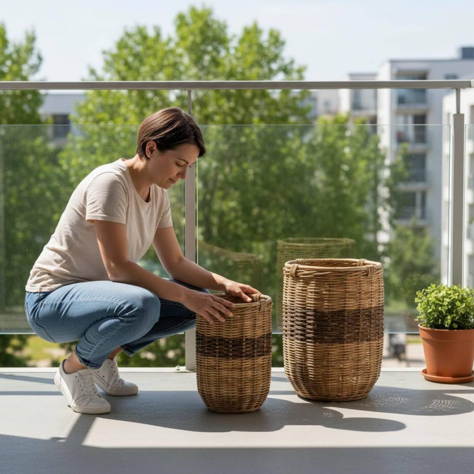 2 Pezzi Vaso in Viminio Naturale Coprivaso Decorativo in Rattan Decorazione Doppitezza Vaso Intrecciato Rattan per Vetrina, Set Di 2 Cesti Piccolo + Grande