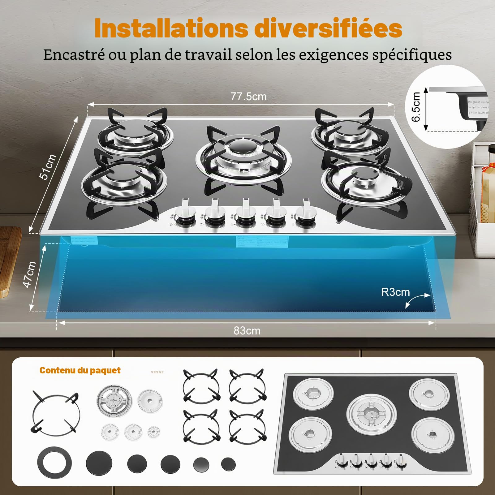 Plaque de cuisson à gaz 5 foyers avec surface en verre, plaque de cuisson à gaz en verre 5 zones - Pour gaz naturel ou GPL, 63% d'efficacité thermique, encastrable ou indépendante