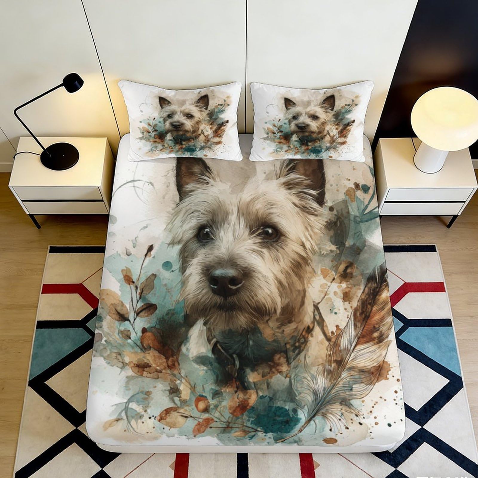 3D Printed Soft Touch Dog Pattern Fitted Sheet, Microfiber Material, Wrinkle Resistant, Easy Care, Apartment Bedding Decor 200x200x25cm