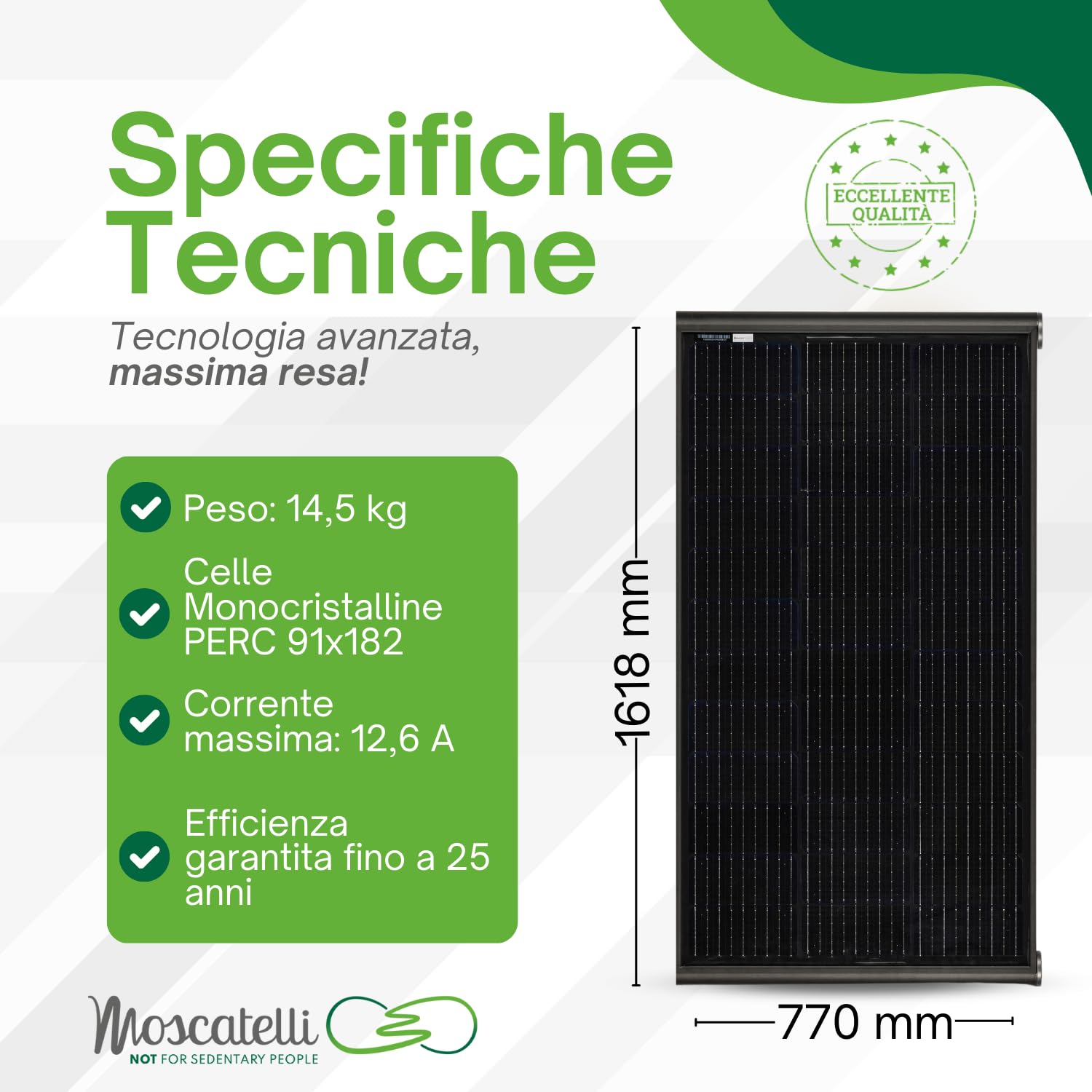 MOSCATELLI Pannello Solare Camper 240W Black Boost Monocristallino PERC Kit Pannello Solare per Camper con Profilo integrato in Alluminio Nero per fissaggio al tetto - SENZA REGOLATORE