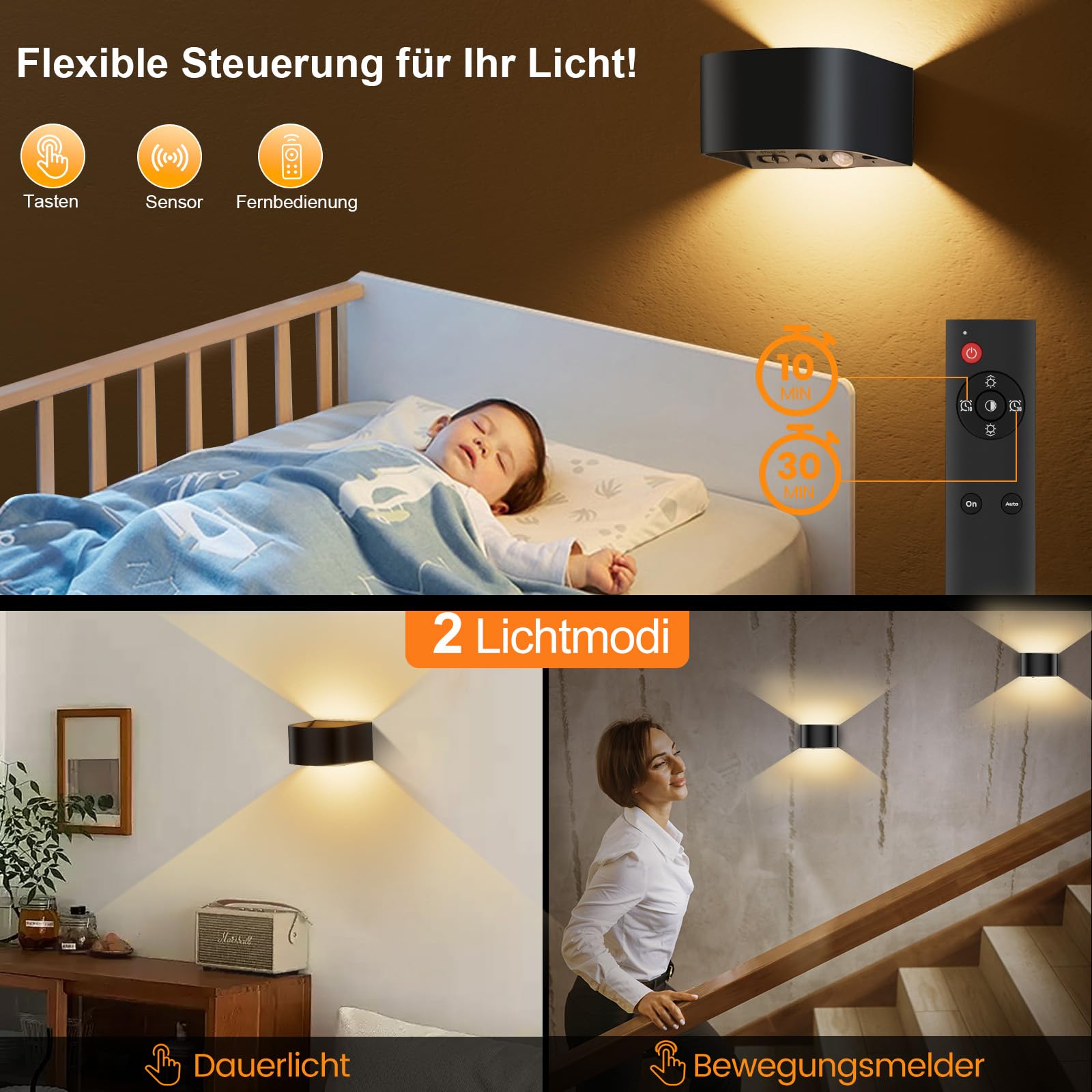 Akumulatorowa lampa ścienna z pilotem zdalnego sterowania, 4 sztuki, lampa ścienna wewnętrzna z czujnikiem ruchu, 3 kolory, oświetlenie ścienne, możliwość ponownego ładowania, reflektor ścienny,