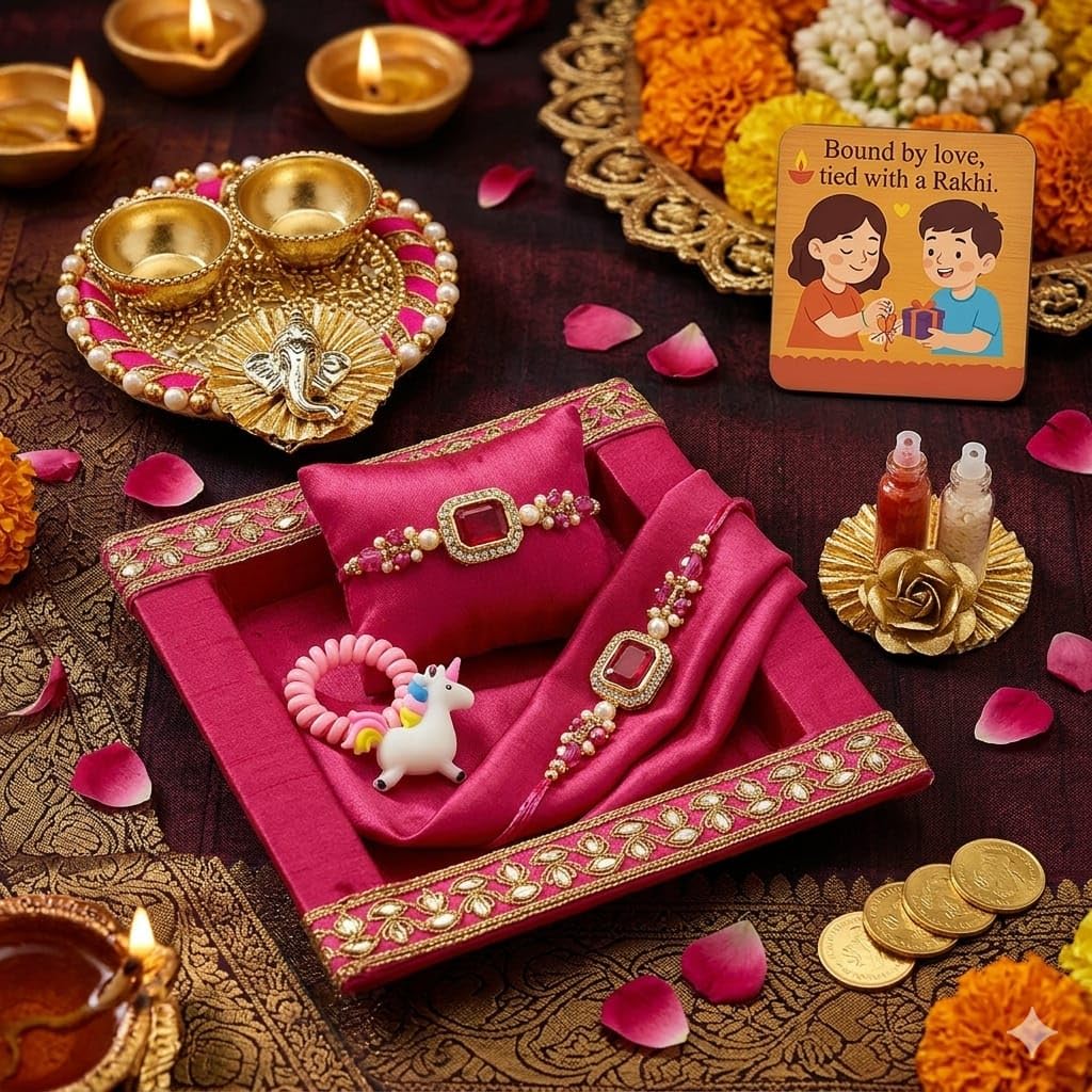 SAUDEEP INDIA Decorative Fridge Magnet for Refrigerator Decor | Lumba Rakhi Set for Bhaiya Bhabhi | Raksha Bandhan Gift Combo | Cotton Thread Rakhi Festive Gift Home Decor(Model 5)